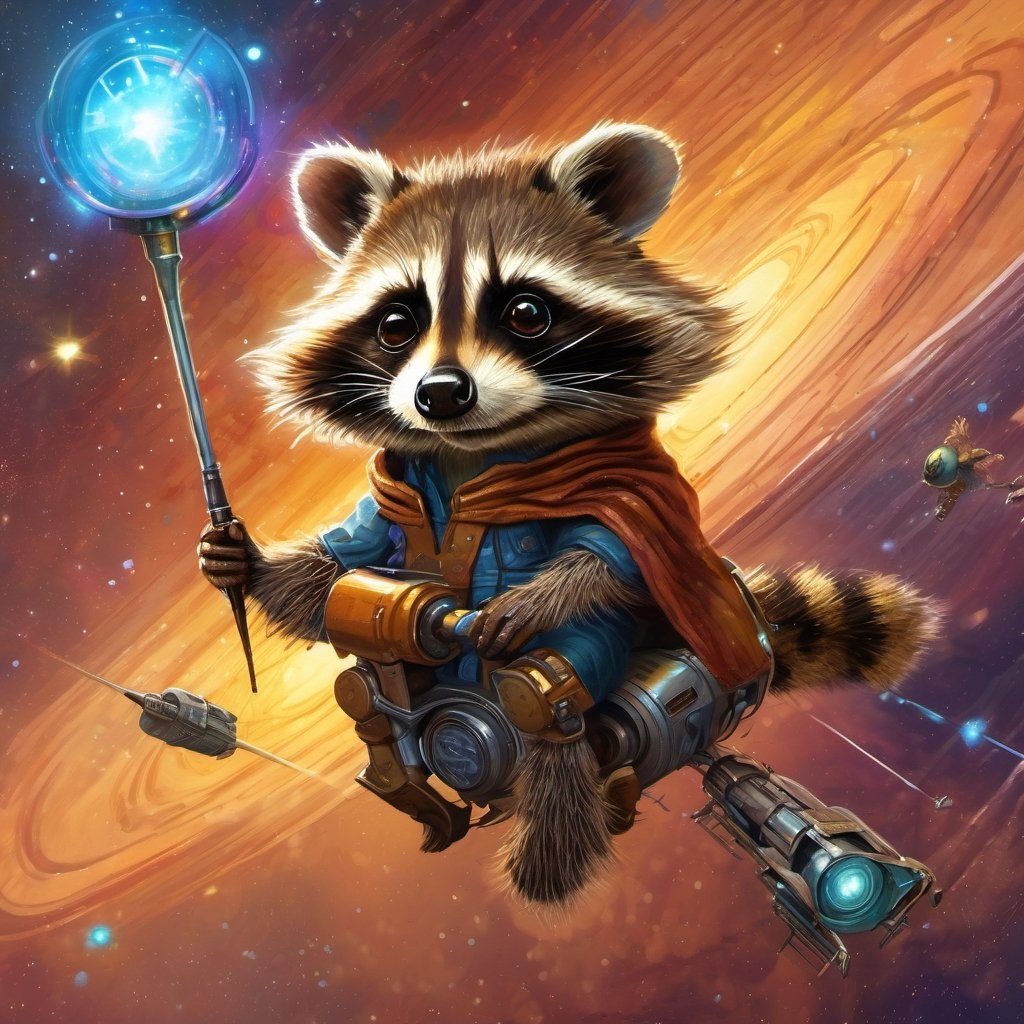 Hyper-detailed  painting, Jean-Baptiste Monge style, A small, cute raccoon is piloting a spaceship, much like in 'Guardians of the Galaxy, glittering, cute and adorable, filigree, day light, fluffy, magic, surreal, fantasy, digital art, ultra hd, hyper-realistic illustration, vivid colors, day-light,greg rutkowski