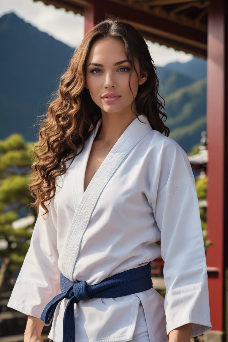 Side view of a very beautiful girl with long brunette curly hair and blue eyes, in an japanese Temple. (((her full body is visible))). She turns her face towards the viewer. Making eye contact. Her long hair is  partially covering her body. She is wearing torn white judo uniform, black belt.  The background is a japanese temple in front of fuji mountain (japan), sultry perfect body, big cleavage, realistic belt, realistic judo uniform
,photorealistic:1.3, best quality, masterpiece,MikieHara,aw0k euphoric style,A girl dancing, megan fox