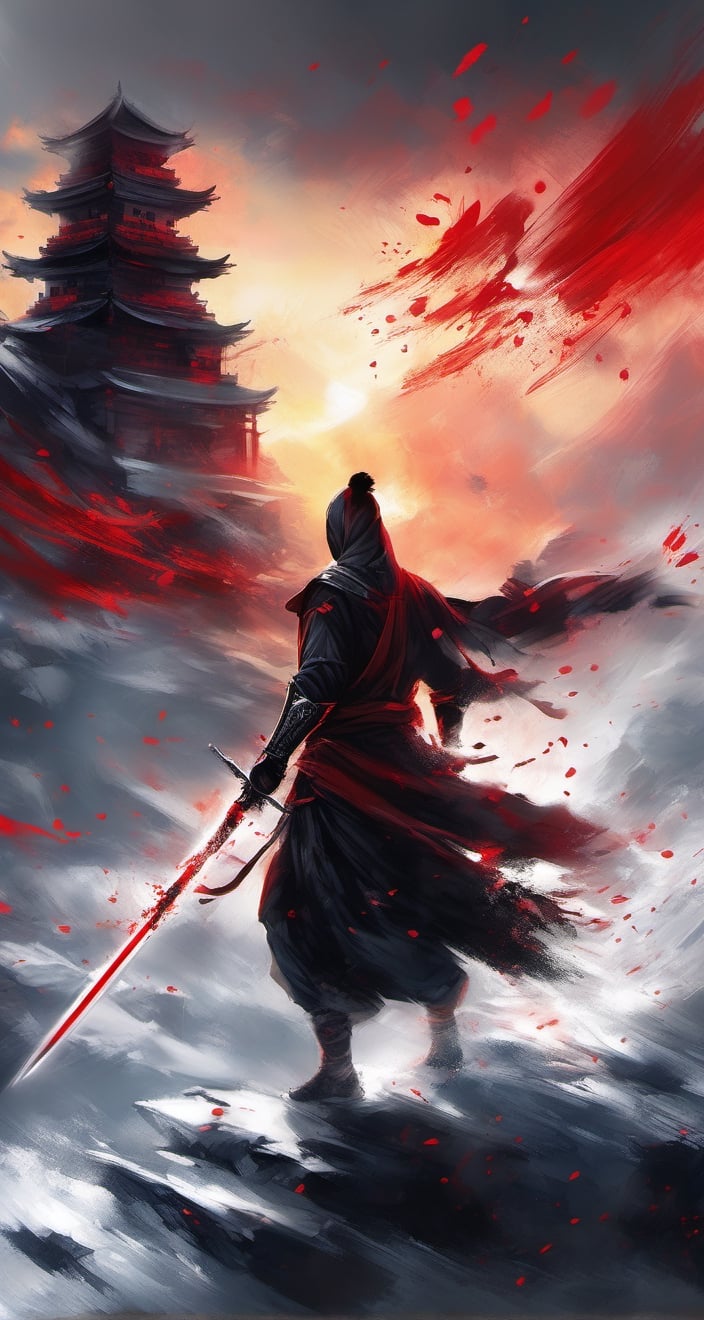 snow and blood, red on white,  epic battle,  visible brushstrokes, splatter oil on canvas action painting brutal warrior hero saving gracious epic male Ninja, epic dark fantasy ,   close ethereal centered portrait, air perspective focus on eyes, windy, japanese castle, artistic, gracious, light on face, shadow play., dynamic, dynamic pose, sharp eyes, mystical, shadow play, sunrise, fantasy, oil, dreamlike, artistic, intricated,LegendDarkFantasy,style,swordsman,N1njaScroll,cip4rf,ink 