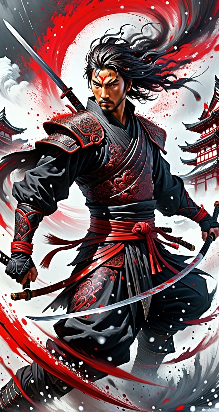 snow and blood, red on white,  epic battle,  visible brushstrokes, splatter oil on canvas action painting brutal warrior hero saving gracious epic male Samurai, epic dark fantasy ,   close ethereal centered portrait, air perspective focus on eyes, windy, japanese castle, artistic, gracious, light on face, shadow play., dynamic, dynamic pose, sharp eyes, mystical, shadow play, sunrise, fantasy, oil, dreamlike, artistic, intricated,LegendDarkFantasy,style,swordsman,N1njaScroll,cip4rf,ink ,DonM3l3m3nt4lXL