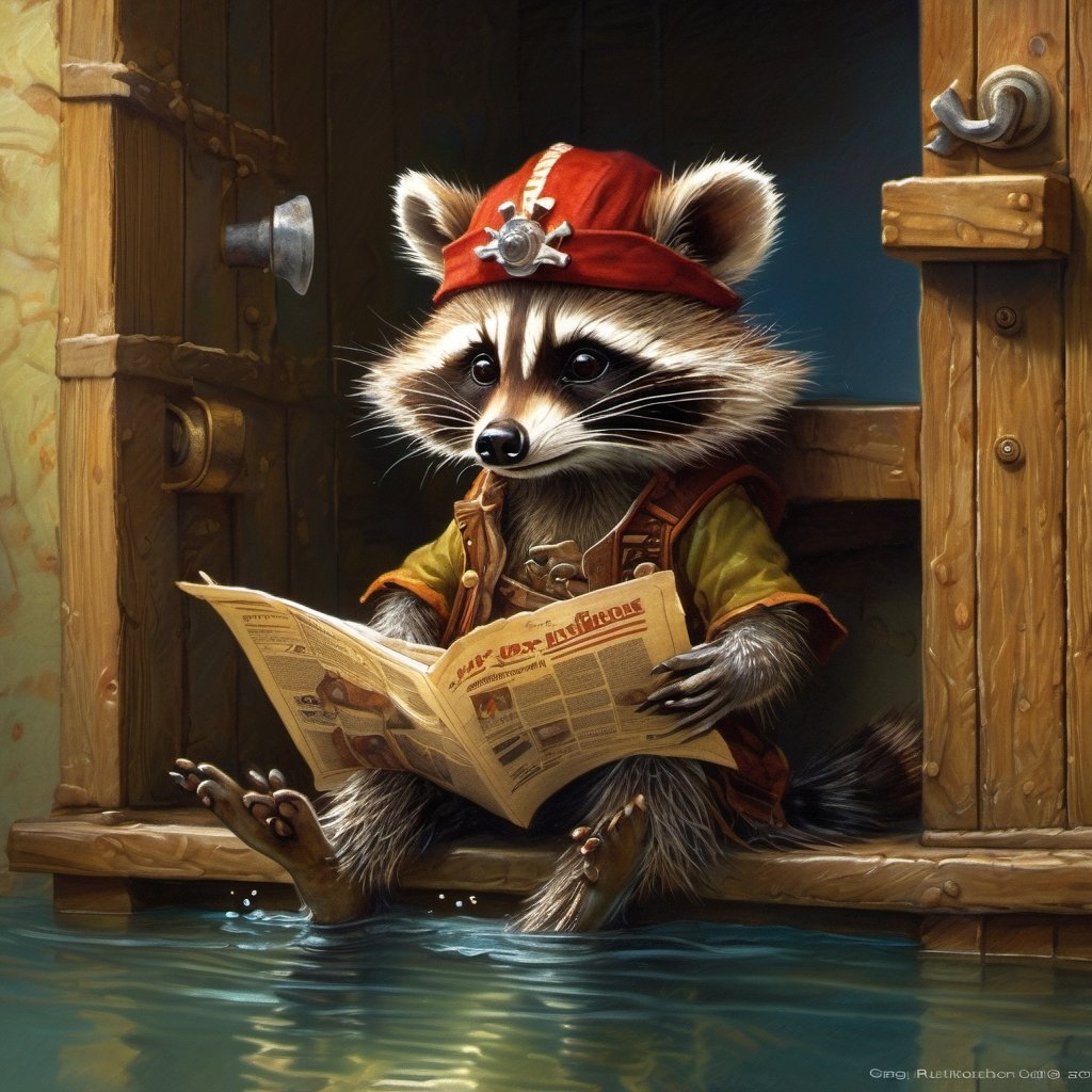 Hyper-detailed  painting, Jean-Baptiste Monge style, one cute little racoon sitting on the water closet  and reading the newspaper,  wearing a pirate hat, glittering, cute and adorable, filigree, day light, fluffy, magic, surreal, fantasy, digital art, ultra hd, hyper-realistic illustration, vivid colors, day-light,greg rutkowski