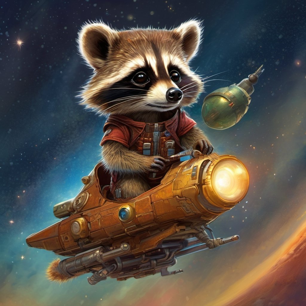 Hyper-detailed  painting, Jean-Baptiste Monge style, A small, cute raccoon is piloting a spaceship, much like in 'Guardians of the Galaxy, glittering, cute and adorable, filigree, day light, fluffy, magic, surreal, fantasy, digital art, ultra hd, hyper-realistic illustration, vivid colors, day-light,greg rutkowski