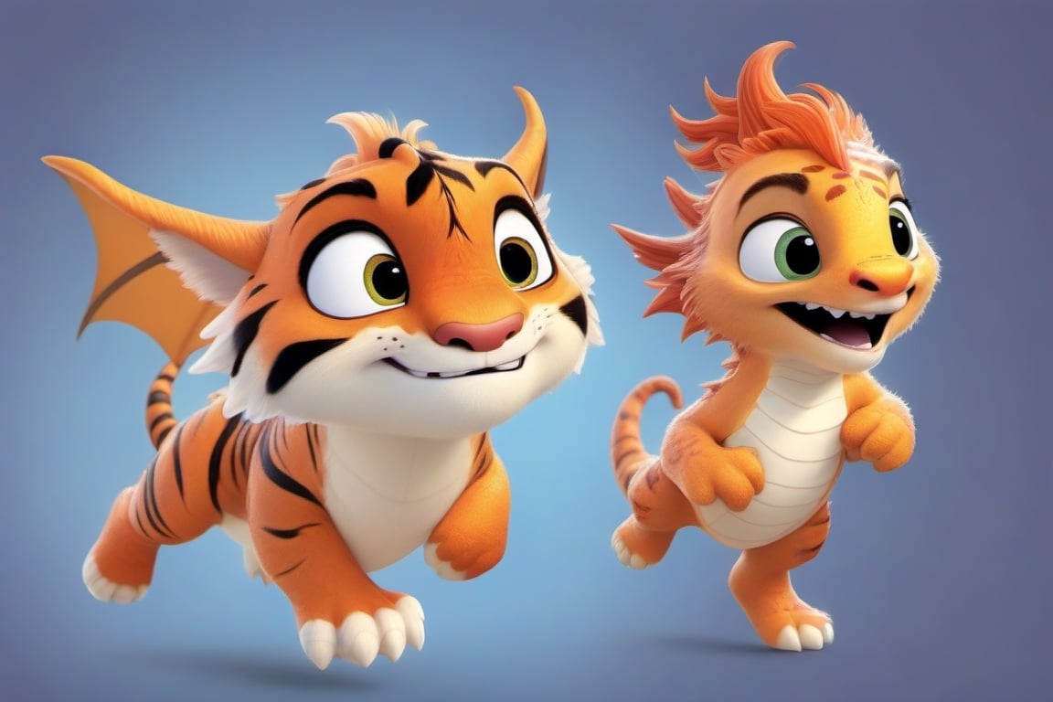 young pixar style,tiger, like a karate warrior, flying through the air, fighting against a disney dragon ,Disney pixar style