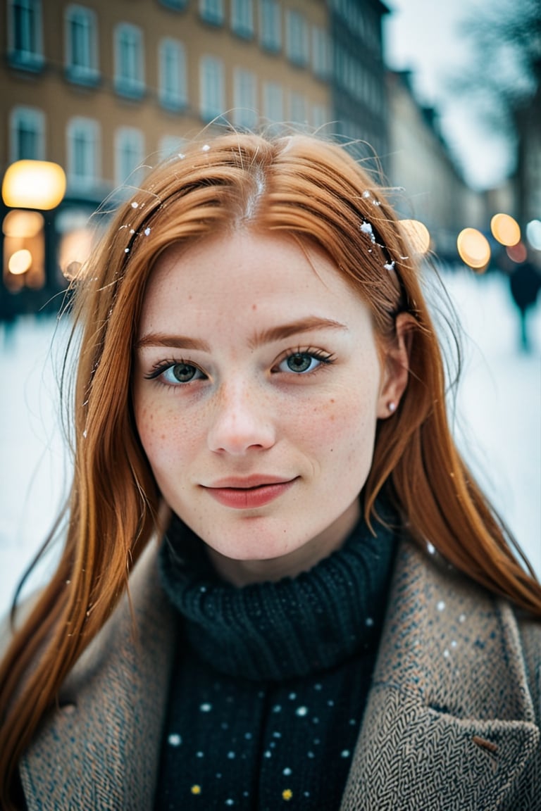 closed lips, cute smile, cinematic photo (art by Mathias Goeritz:0.9) , photograph, Lush Girlfriend, Tax collector, Rich ginger hair, Winter, tilt shift, Horror, specular lighting, film grain, Samsung Galaxy, F/5, (cinematic still:1.2), freckles . 35mm photograph, film, bokeh, professional, 4k, highly detailed ,1 girl,midjourney,yuzu, perfect, fingers,

,Extremely Realistic