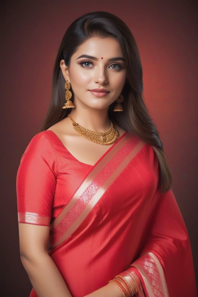 Beautiful indian woman wearing a saree analog photograph, saree clolor is red, professional fashion photoshoot, hyperrealistic, masterpiece, trending on artstation,krrrsty