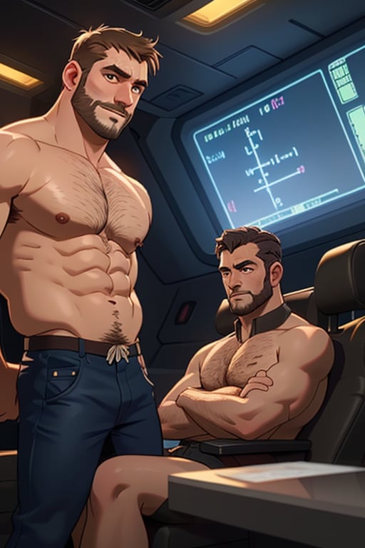 ((male only)), ((natural body hair)), (handsome big eyes), 4k definition, sci-fi movies special effects, film grain, 
"Those two beautiful, nerdy men are negotiating us to safety using the power of math.",(1man)