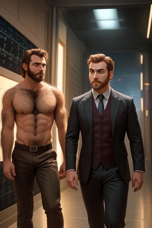 ((male only)), ((natural body hair)), (handsome big eyes), 4k definition, sci-fi movies special effects, film grain, 
"Those two beautiful, nerdy men are negotiating us to safety using the power of math."