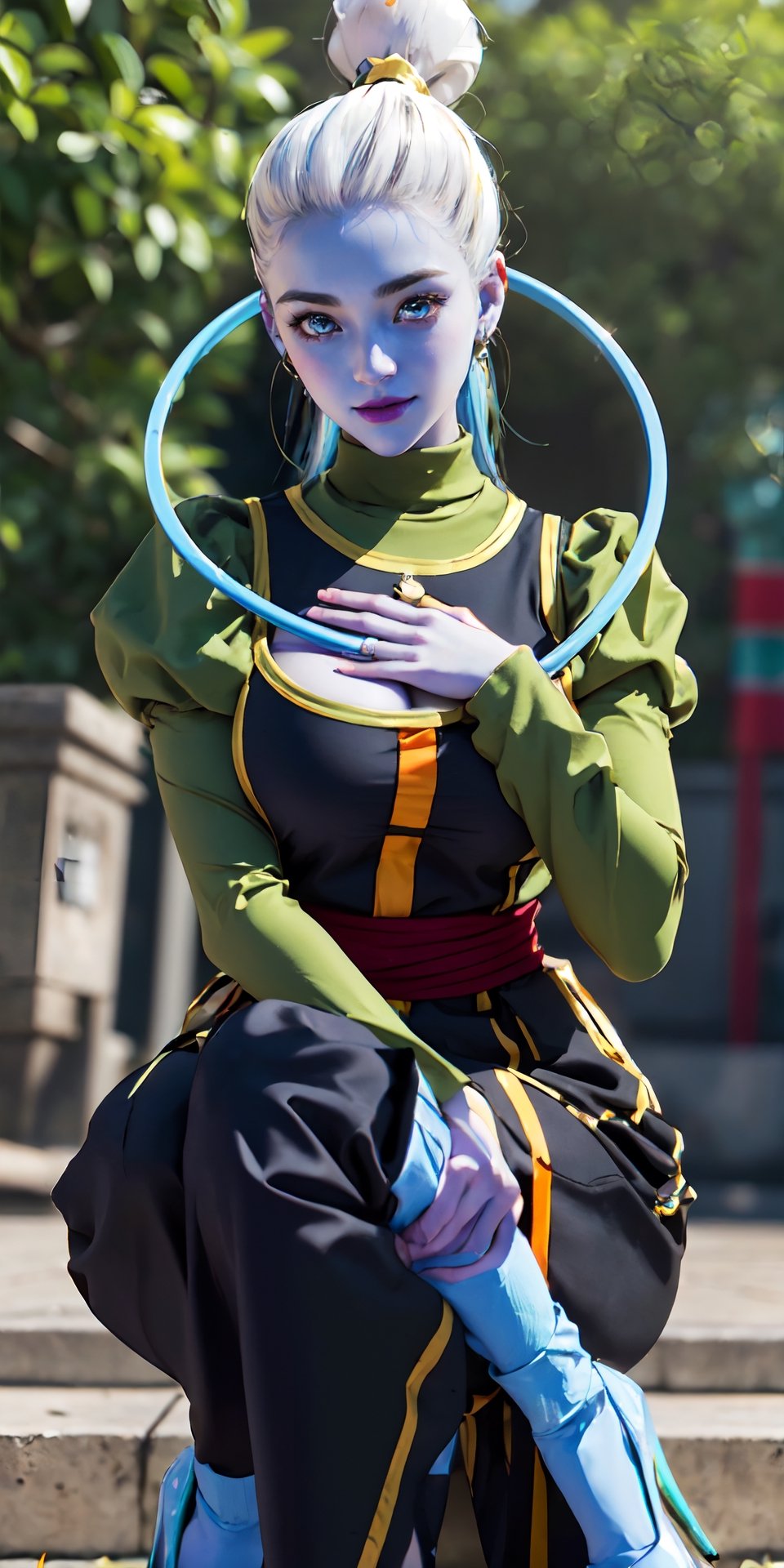 vados, she is a 1000 year old woman, with big breasts. (her skin color is light blue and her eyes are purple and her hair is tied), high resolution, sun, location in the park, look at the camera, spirit young beauty, detailed face, sexy eyes and detailed look, sexy smile, tight box, (She wears a blue ring that is around her neck. She wears a green tunic with a kind of black breastplate with yellow, orange and white details He also wears a red sash and white heels with black so