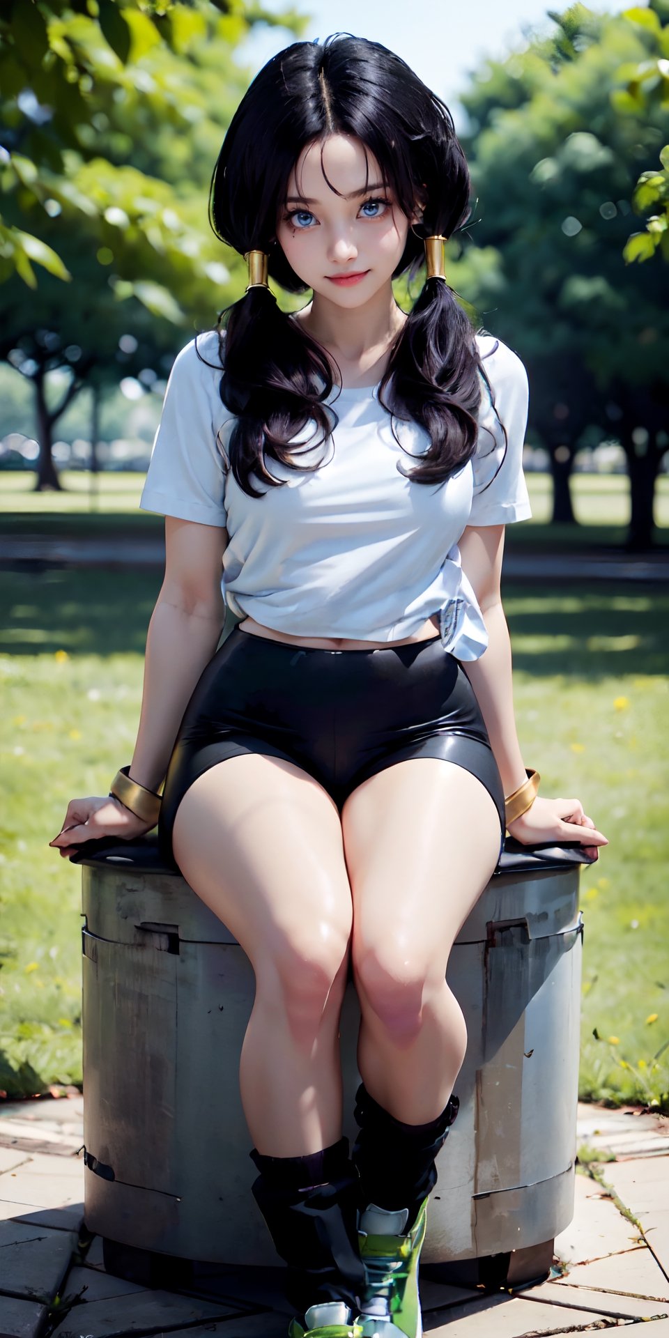 videl y, 1 adult, 23 years old, normal chest, (black hair), high resolution, sun, location in the park, look at the camera, (light blue eyes), spirit of young beauty, detailed face, sexy eyes and detailed look, sexy smile, tight box (low pigtails that end at her chest, wears a long white shirt that goes past her waist with tight black spandex shorts that reach the top of her thighs, black fingerless gloves, purple socks, green shoes and gold hair clips for her pigtails), (pale skin color, very slim build and below average height with straight black hair that has side bangs with five short strands loose over her forehead, light blue eyes and a slim body but athletic physique)