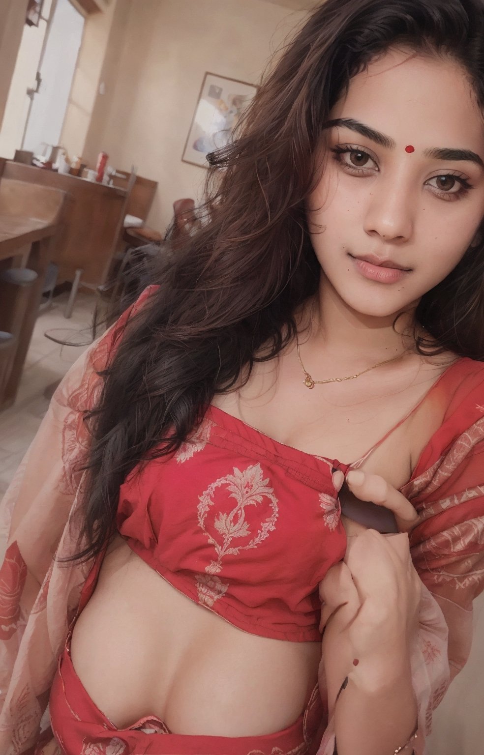Beautiful cute young attractive Indian teenage girl villaga 18 years old cute Instagram model long block hair colorful hair warm dacing in home sit at safo Indian