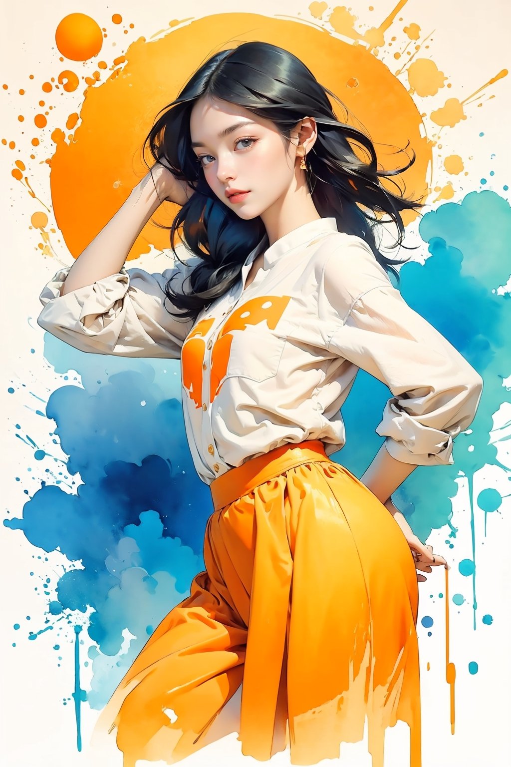 extreme detailed, (masterpiece), (top quality), (best quality), (official art), (beautiful and aesthetic:1.2), (stylish pose), (1 woman), (colorful), (orange-white theme: 1.5), ppcp, medium length skirt, 	looking into distance, long wave black hair, 
perfect,ChineseWatercolorPainting,Chromaspots