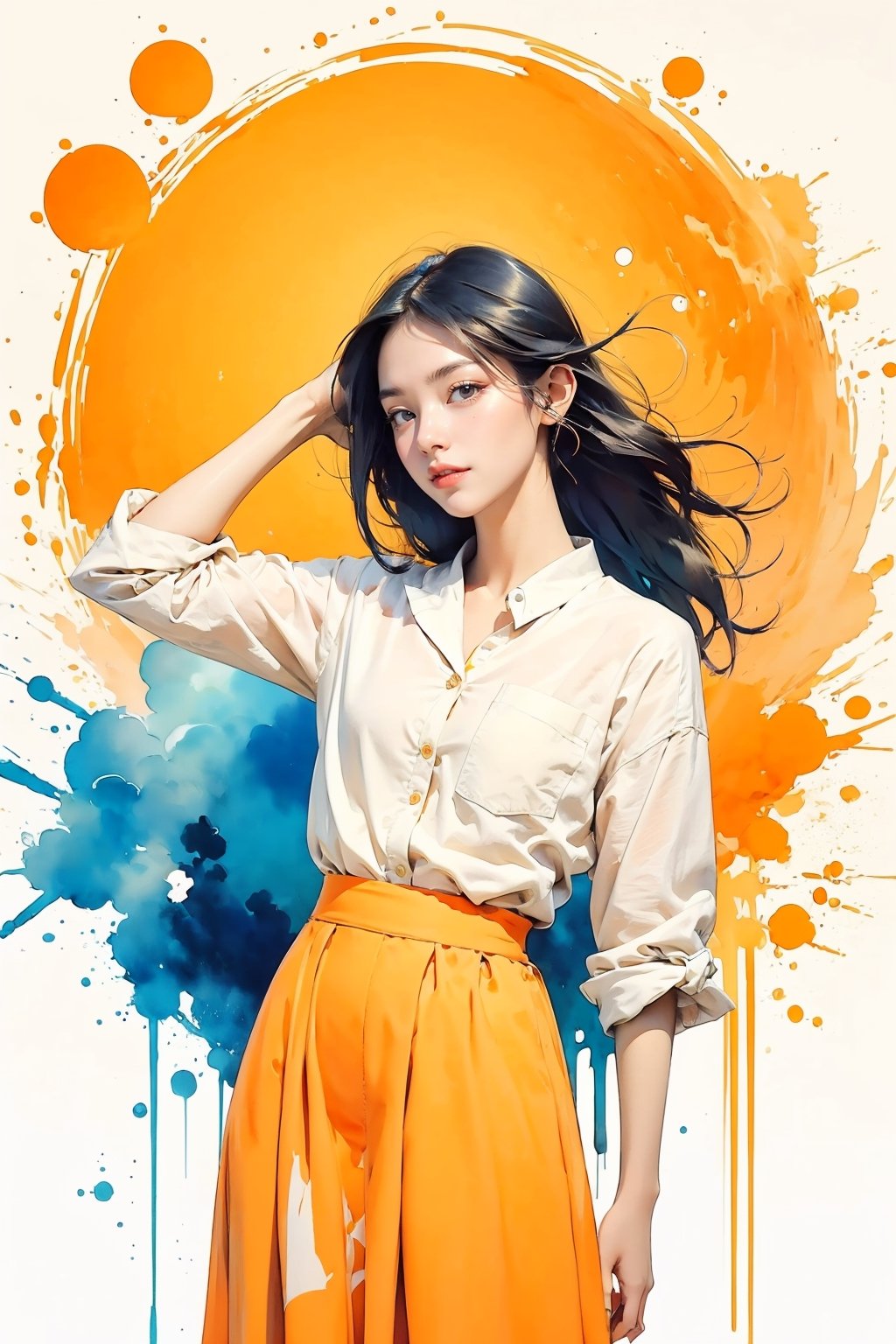 extreme detailed, (masterpiece), (top quality), (best quality), (official art), (beautiful and aesthetic:1.2), (stylish pose), (1 woman), (colorful), (orange-white theme: 1.5), ppcp, medium length skirt, 	looking into distance, long wave black hair, 
perfect,ChineseWatercolorPainting,Chromaspots