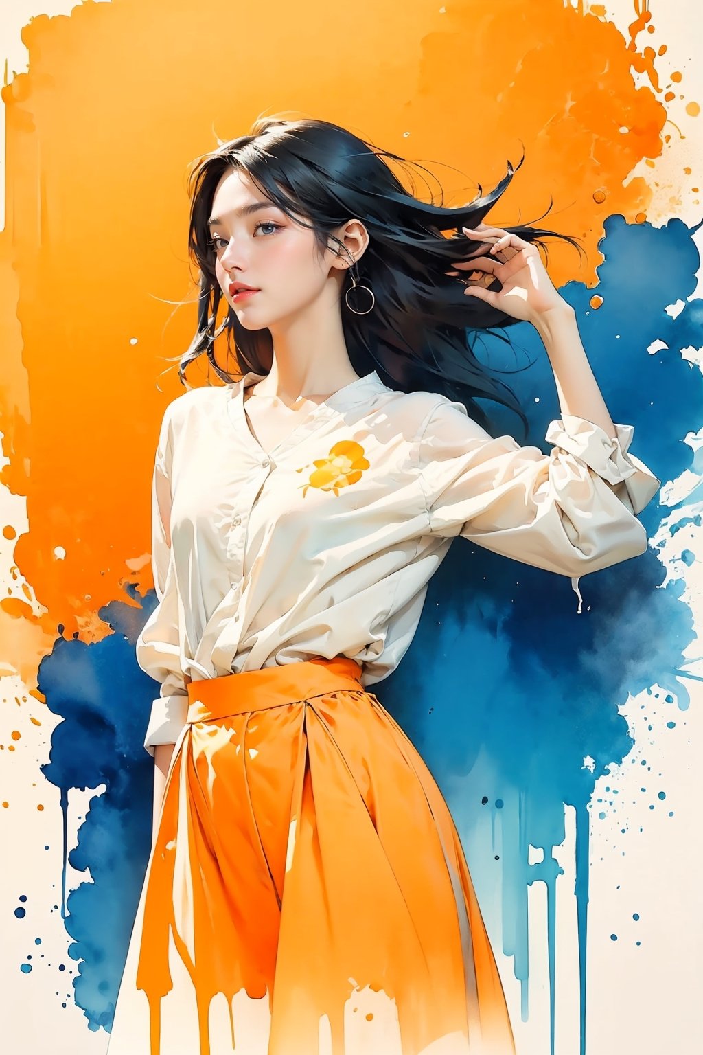 extreme detailed, (masterpiece), (top quality), (best quality), (official art), (beautiful and aesthetic:1.2), (stylish pose), (1 woman), (colorful), (orange-white theme: 1.5), ppcp, medium length skirt, 	looking into distance, long wave black hair, 
perfect,ChineseWatercolorPainting,Chromaspots