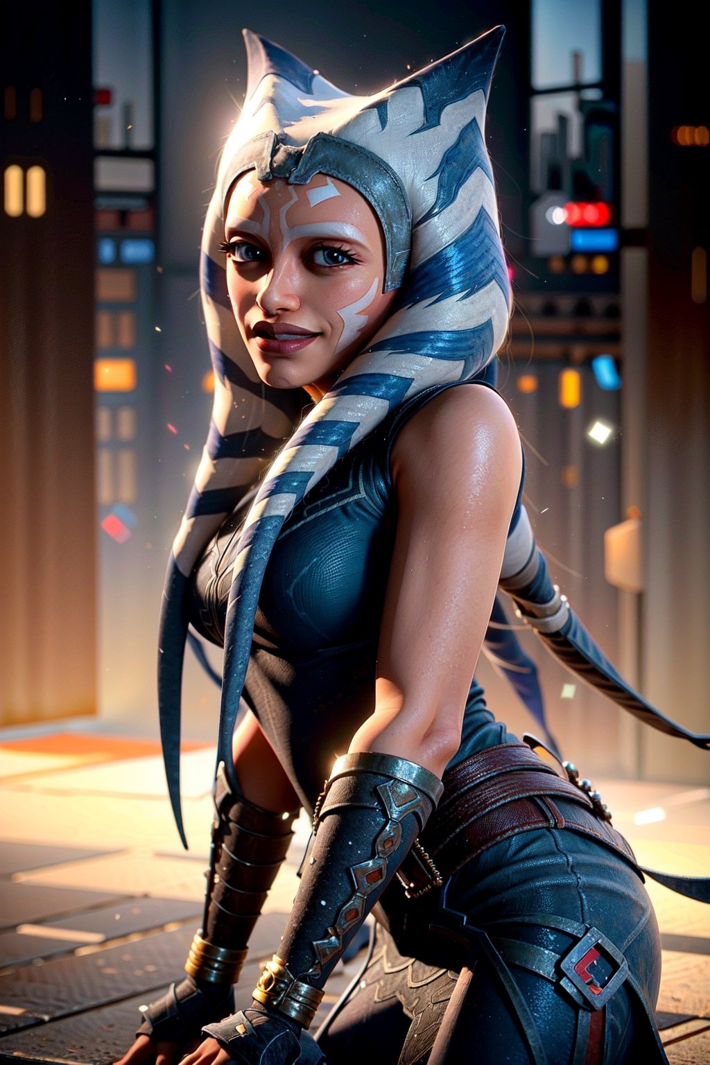 Ahsoka Tano, topless, perfect boobs,  best quality, masterpiece, beautiful and aesthetic, 16K, (HDR:1.4), high contrast, bokeh:1.2, lens flare, (vibrant color:1.4), (muted colors, dim colors, soothing tones:0), cinematic lighting, ambient lighting, sidelighting, Exquisite details and textures, cinematic shot, Warm tone, (Bright and intense:1.2), wide shot, by playai, ultra realistic illustration, siena natural ratio, anime style, 	(urban fantasy theme:1.4),	low angle view,	blonde bun hair,	(a lovely smile:1.2),	moaning face, mouth open, fright, pleasure, in a futuristic bedroom, with a top hat in her head, red eyes, intricately detailed, 	bracelet, stars, windy, 	action painting, 