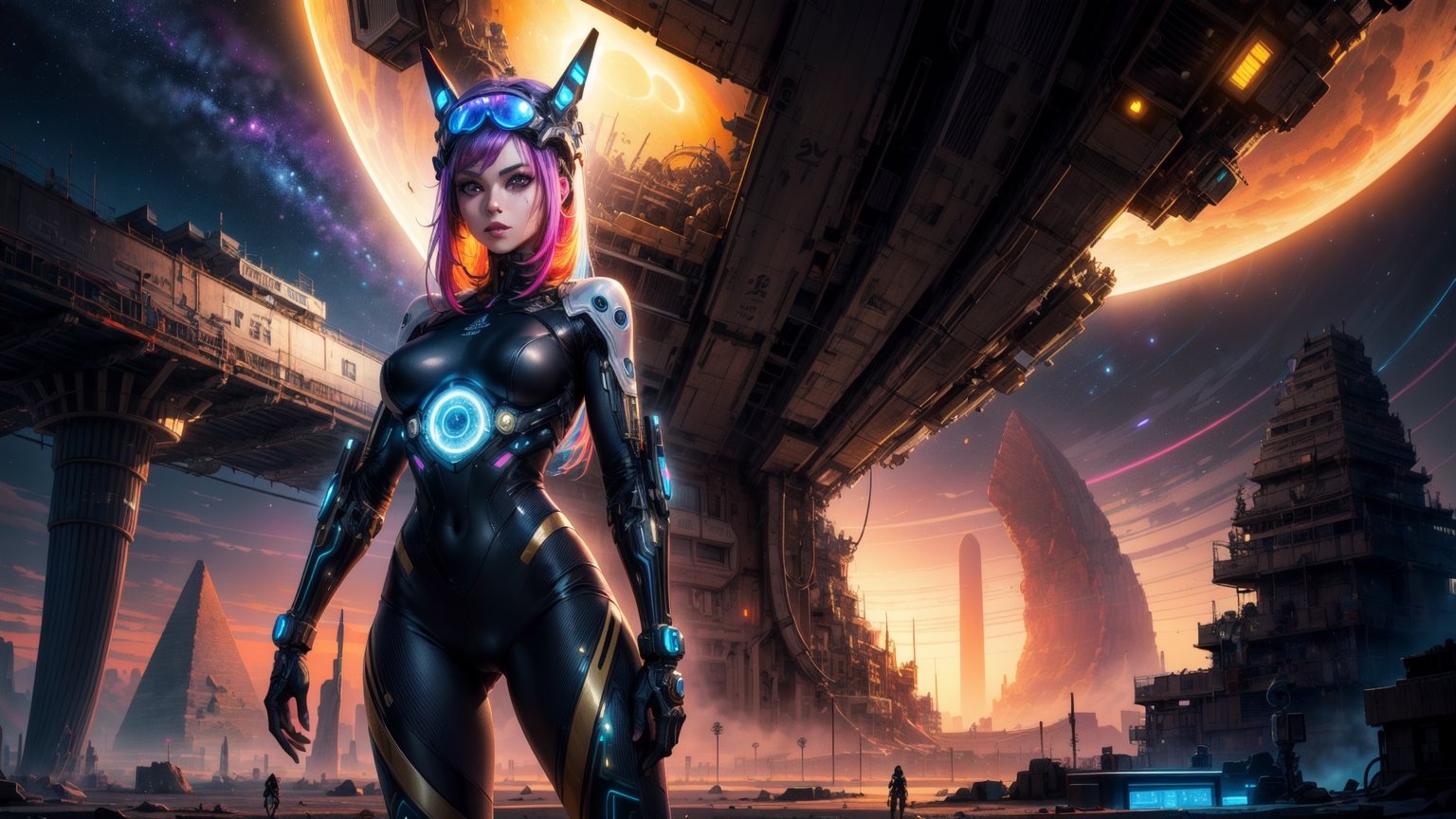 "((Futuristic girl)) immersed in Egypt Cyberstyle, a sleek blend of ancient and cyberpunk elements, standing against a backdrop of a ((fantastic planetscape)) in space, illuminated by the cyber-infused golden hour, ((science fiction masterpiece)), ((vibrant colors)), detailed composition, (best quality)