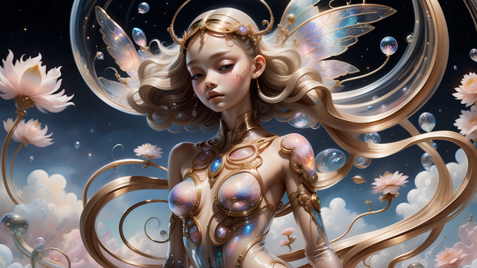 "((Serene girl)) adorned in a transparent plugsuit, delicate crystal wings extending gracefully, immersed in an alien landscape, clouds forming a celestial ballet, exotic flora adding to the dreamlike atmosphere.",more detail XL