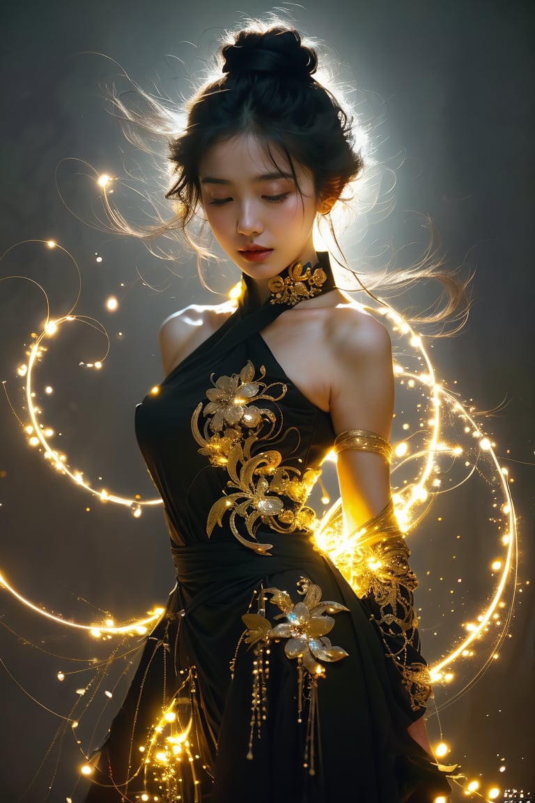 a beautiful Korean woman, avant-garde artistic dress, in a modern art gallery, glowing abstract sculptures, magical, fantasy, dreamy. shallow depth of field, vignette, highly detailed, high budget, bokeh, cinemascope, moody, epic, gorgeous, film grain, grainy, cinematic film, alive.