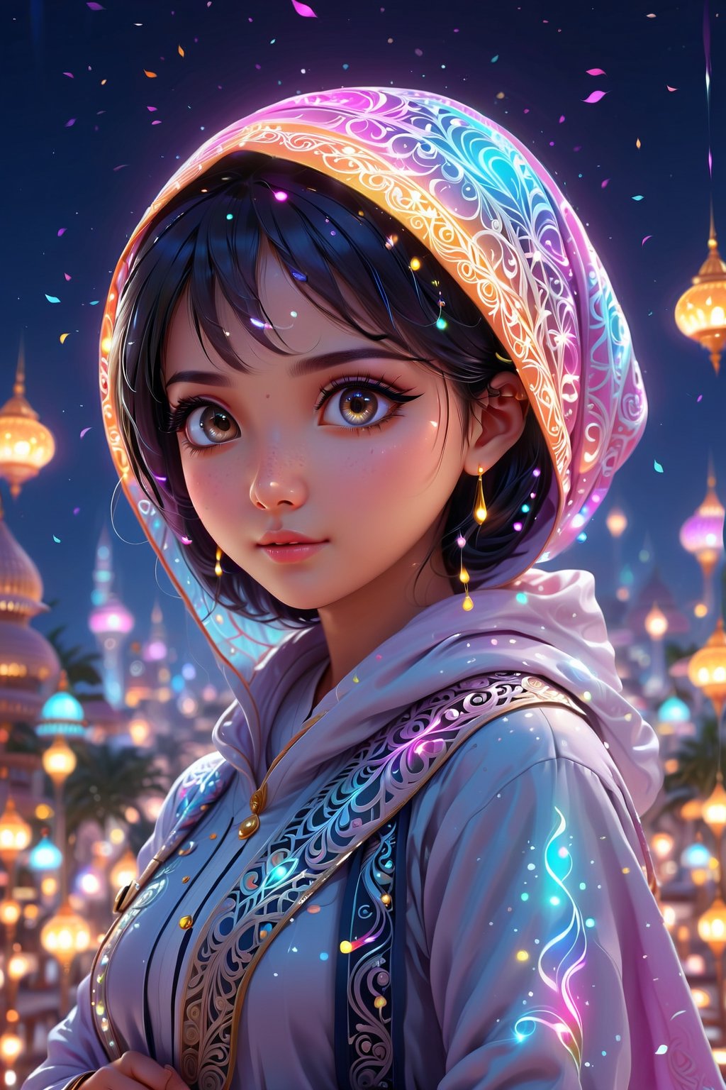 3D, cute girl, hijab, sharp focus, Character faces by NeoArtCorE Thongmai, higher realistic, 8k, cute, full body, glowing lights intricate, praying, elegant, highly detailed, digital art, concept art, smooth, illustration, squinting eyes, background ramadan,wearing bindi., celebrating holi with her boyfriend in India 