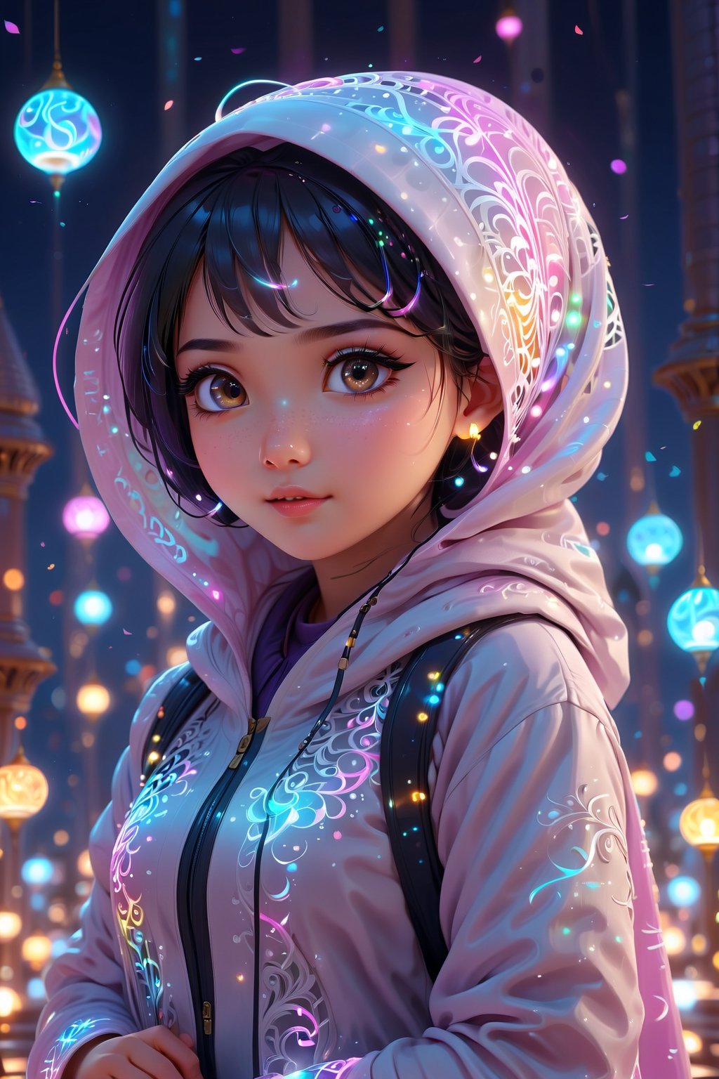 3D, cute girl, hijab, sharp focus, Character faces by NeoArtCorE Thongmai, higher realistic, 8k, cute, full body, glowing lights intricate, praying, elegant, highly detailed, digital art, concept art, smooth, illustration, squinting eyes, background ramadan,, celebrating holi with her boyfriend 