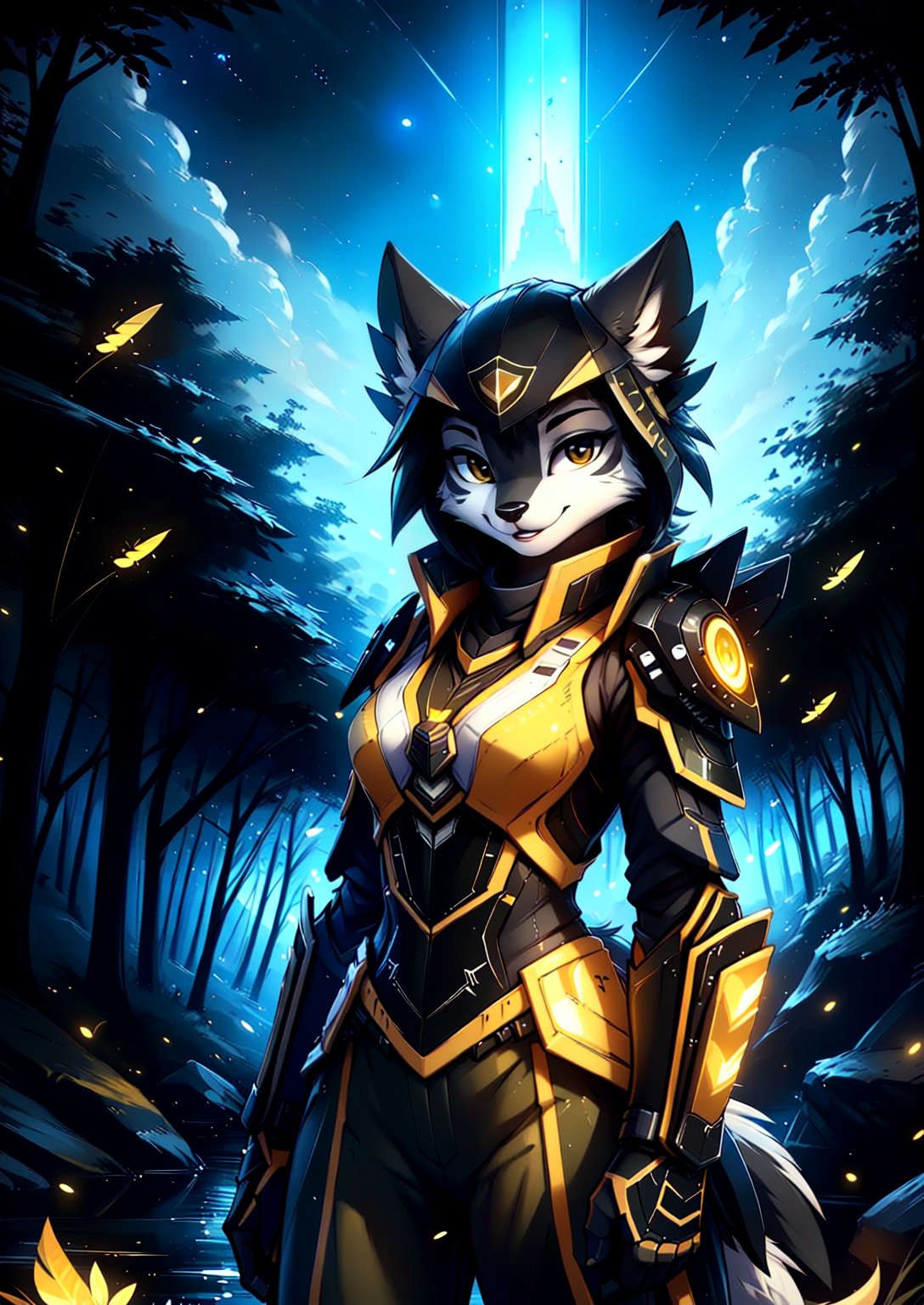 masterpiece:1.2, best quality, happy experssion, perfect body, perfect snout, no hair, anthro furry female, forest background, full body view, bright lighting, beautiful, facing toward viewer, front view, smiling, camoflage clothes, military tactical, mecha sci-fi armour(white and black), perfect arms, perfect hands,(masterpiece, 8k, 4k, best quality, hi res, absurd res:1.3),(by twistedscarlett60, by dagasi, by smitty g, by tom fischbach, by fluff-kevlar, by Eternity-Zinogre, by Tarakanovich, by Muhut, by wolfy-nail, by kenket, by kiguri, by zenthetiger, by cutesexyrobutts, by hioshiru), slit_pupils (narrowed eyes:1.3), , short hair, night time, beautiful stars, fully clothed, 
clothing reinforcement,wrenchsmechs,firefliesfireflies