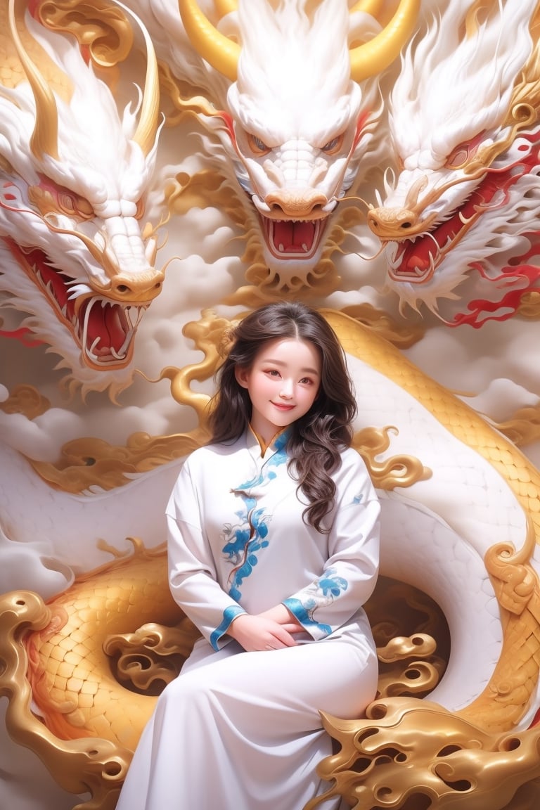 half body shot. An ultra real full body photo of a little smiling girl, a big chinese dragon in the background, ((sitting in front of a big chinese dragon)), Long dark hair. Wearing an elaborate and colored highly detailed dress with a wide neckline, ultra close macro details, ultra contrast, ultra decoration. Intricate details of her beautiful eyes and her perfect face. very beautiful girl, close up