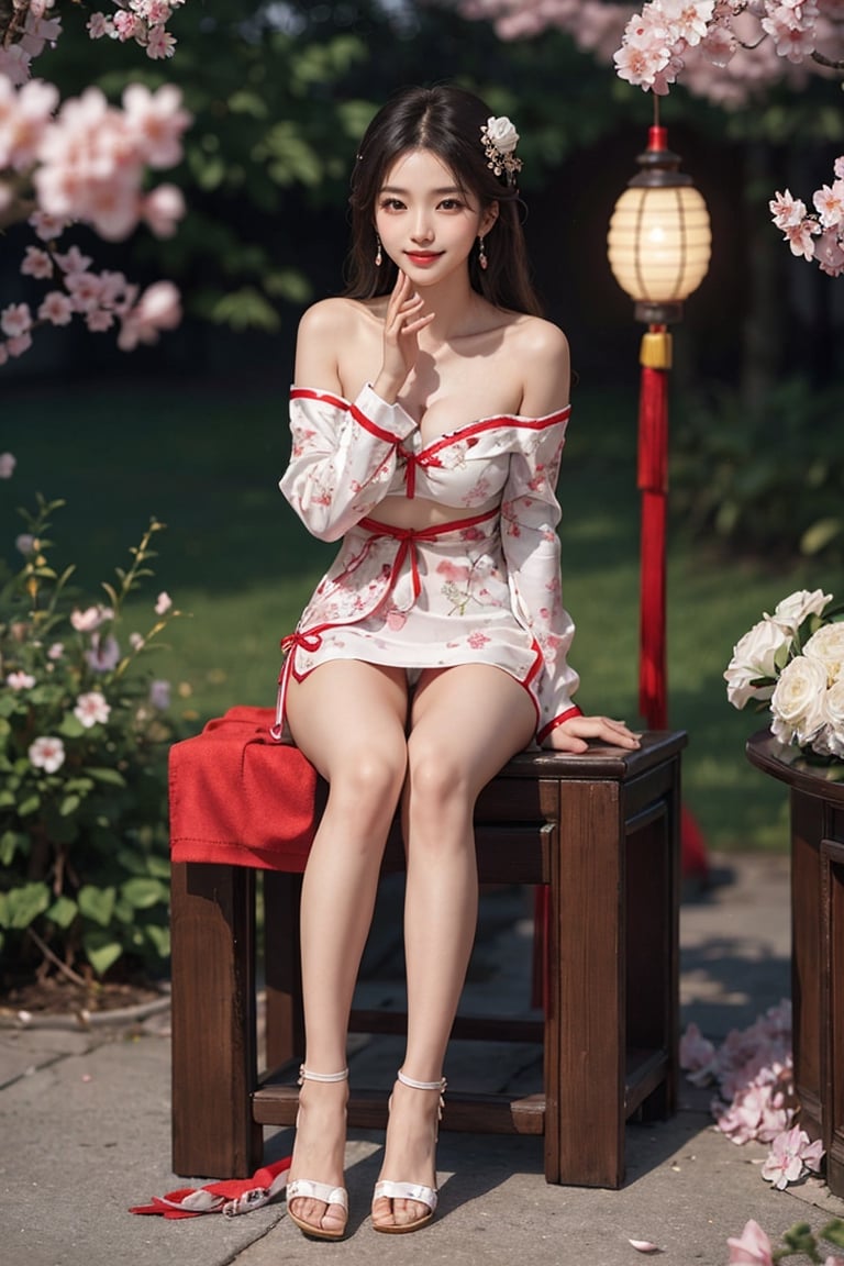 girl, kpop idol, bare shoulders, long hair, best quality, (hair ornament:1.35), jewelry, earrings, cherry blossoms, lantern light, depth of field, detailed face, face focus, ribbon_trim, (looking at viewer:1.25), shiny skin, long sleeves, big smile , thick lips, hands on lips, (blurry background:1.2), sitting, Chinese style,perfect, front_view,  ((full body shots:1.38)), Chinese bikini qipao