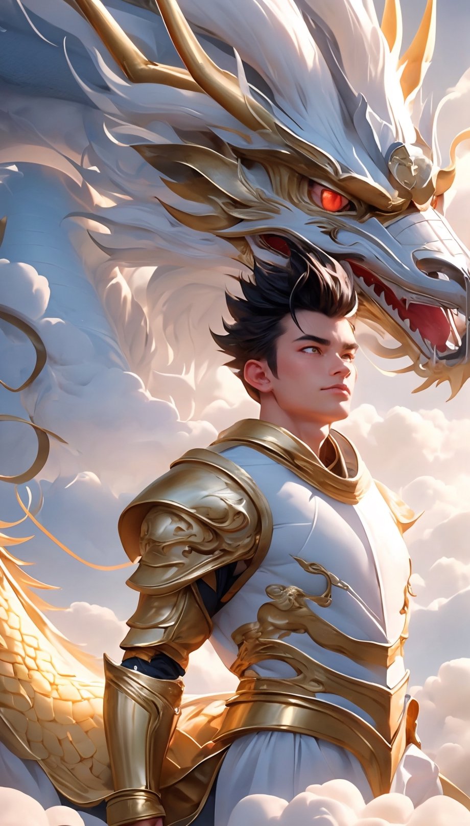 short black hair, thick eyebrows, soft, a golden dragon, mythology, medieval, fantasy, young, Asian men, masculine, manly, dark fantasy, high fantasy, gold armor, defined jawline, red eyes, handsome male, facing in front, photorealistic, 8k, cinematic lighting, very dramatic, soft aesthetic, innocent, ((A man wearing golden metal plate armor walks on a golden dragon against a background surrounded by clouds)), (Lightning twines around),