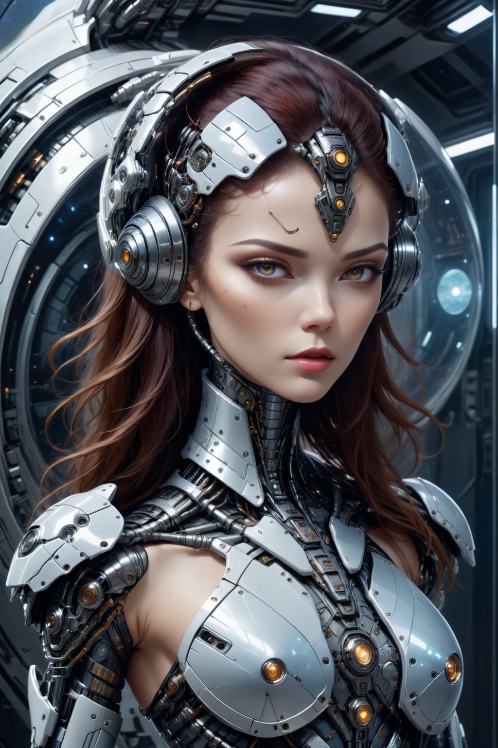 sexy girl, futuristic armor, portrait, robot, machinery, science fiction, mecha,((space ship background:1.4)), masterpiece, best quality, aesthetic, realistic, raw photo,Comic Book-Style 2d,Glass Elements,cyborg style