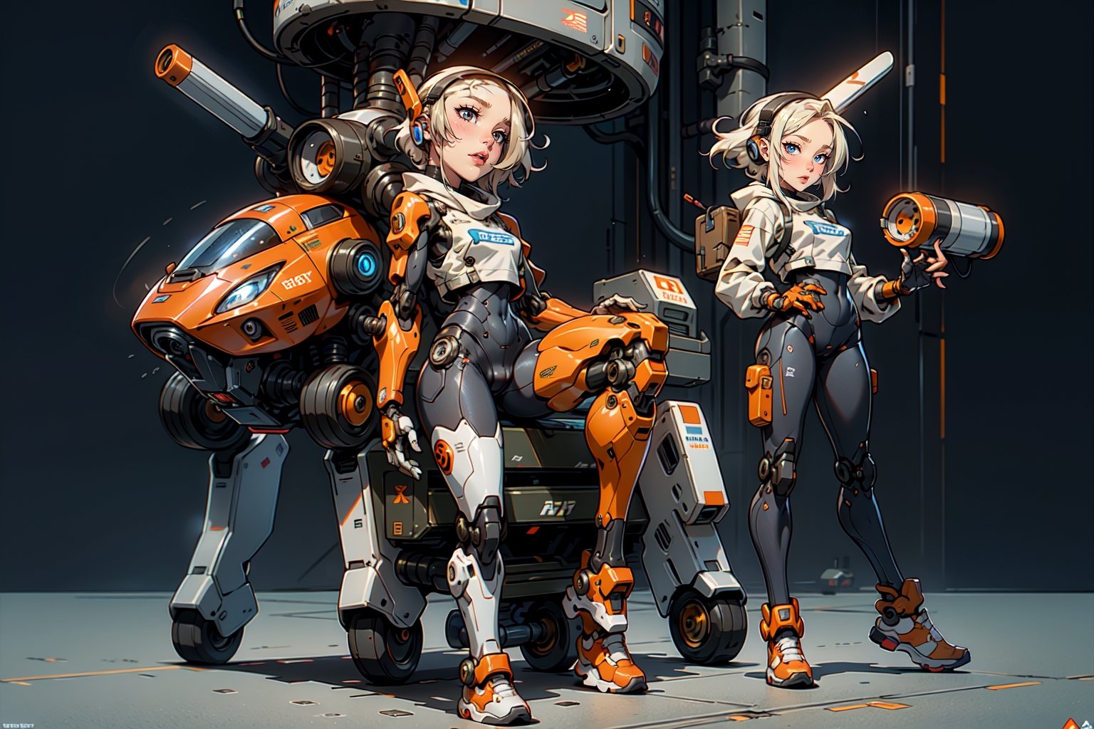  1 girl , Pilot , cute girl, pretty eyes, cheeky face , short orange and white hair , robotic headset , appendages in matching pairs , proper robot Sneakers , proper robot hands , naughty grin , Sci-fi, ultra high res, futuristic , {(little robot)}, {(solo)}, full body , {(complex, Machine background ,Macha outdoors background, Mecha Transport parts)}