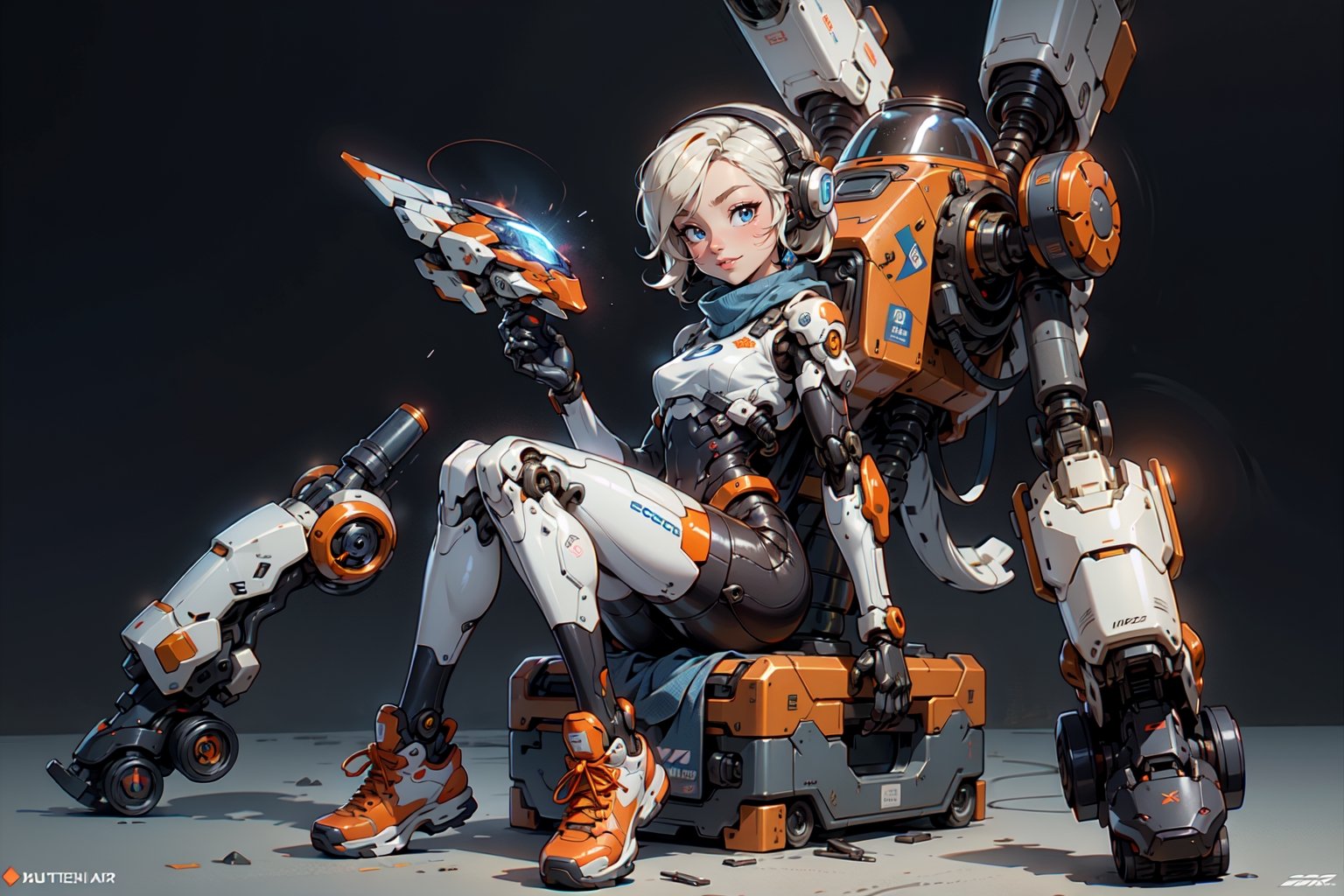  1 girl , Pilot , cute girl, pretty eyes, cheeky face , short orange and white hair , robotic headset , appendages in matching pairs , proper robot Sneakers , proper robot hands , naughty grin , Sci-fi, ultra high res, futuristic , {(little robot)}, {(solo)}, full body , {(complex, Machine background ,Macha outdoors background, Mecha Transport parts)}