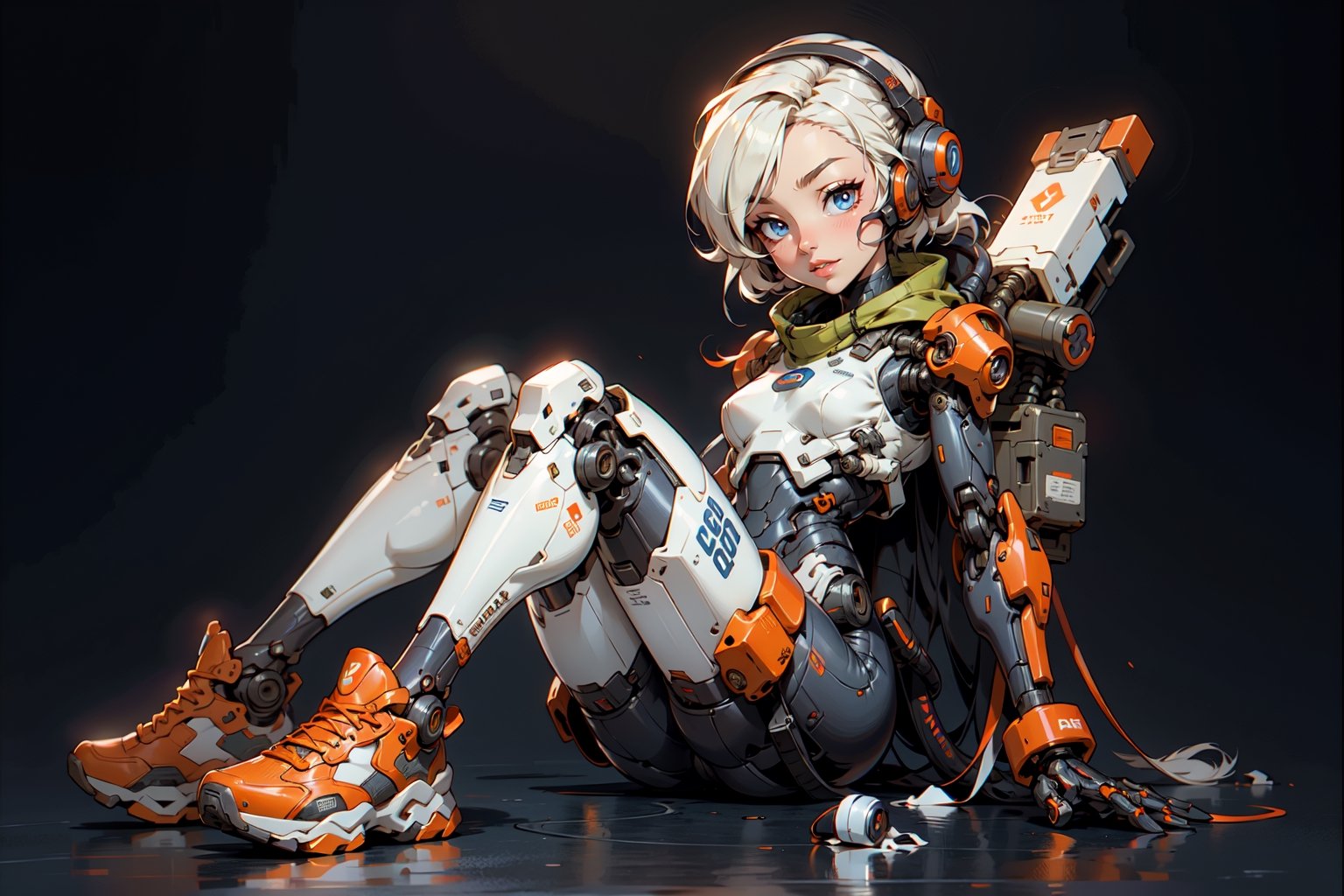  1 girl , Pilot , cute girl, pretty eyes, cheeky face , short orange and white hair , robotic headset , appendages in matching pairs , proper robot Sneakers , proper robot hands , naughty grin , Sci-fi, ultra high res, futuristic , {(little robot)}, {(solo)}, full body , {(complex, Machine background ,Macha outdoors background, Mecha Transport parts)}