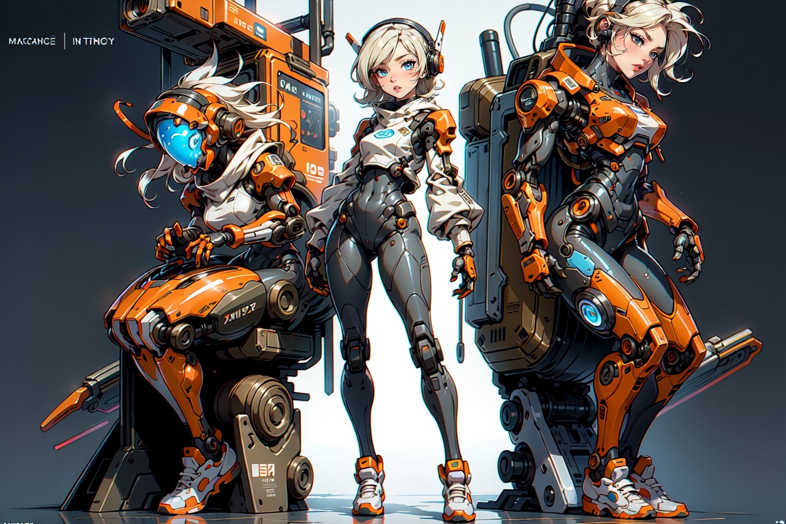  1 girl , Pilot , cute girl, pretty eyes, cheeky face , short orange and white hair , robotic headset , appendages in matching pairs , proper robot Sneakers , proper robot hands , naughty grin , Sci-fi, ultra high res, futuristic , {(little robot)}, {(solo)}, full body , {(complex, Machine background ,Macha outdoors background, Mecha Transport parts)}