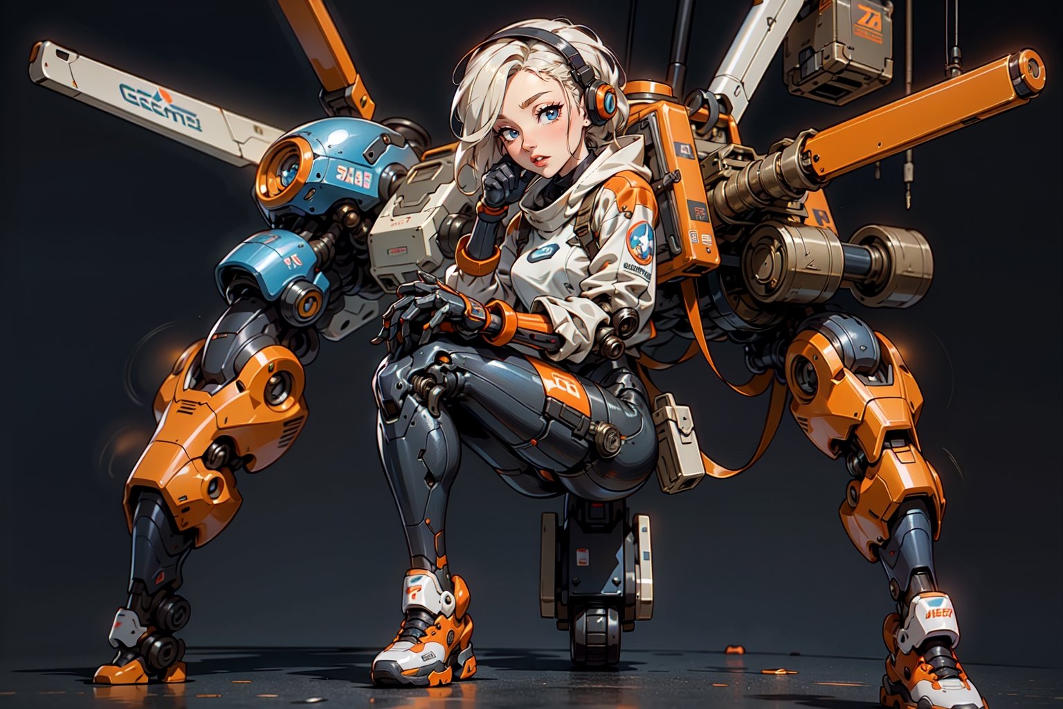  1 girl , Pilot , cute girl, pretty eyes, cheeky face , short orange and white hair , robotic headset , appendages in matching pairs , proper robot Sneakers , proper robot hands , naughty grin , Sci-fi, ultra high res, futuristic , {(little robot)}, {(solo)}, full body , {(complex, Machine background ,Macha outdoors background, Mecha Transport parts)}