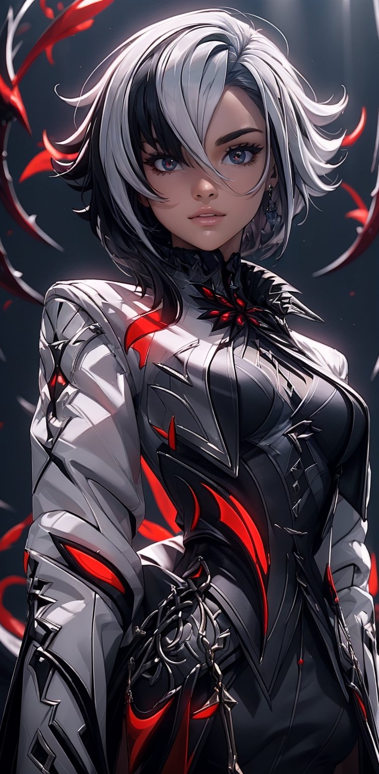 8k, hd, masterpiece, 1girl, solo, white hair, black hair, multicolored hair, x-shaped pupils, red eyes, black hair, solo, short hair, evil smile,  from below, More detail   