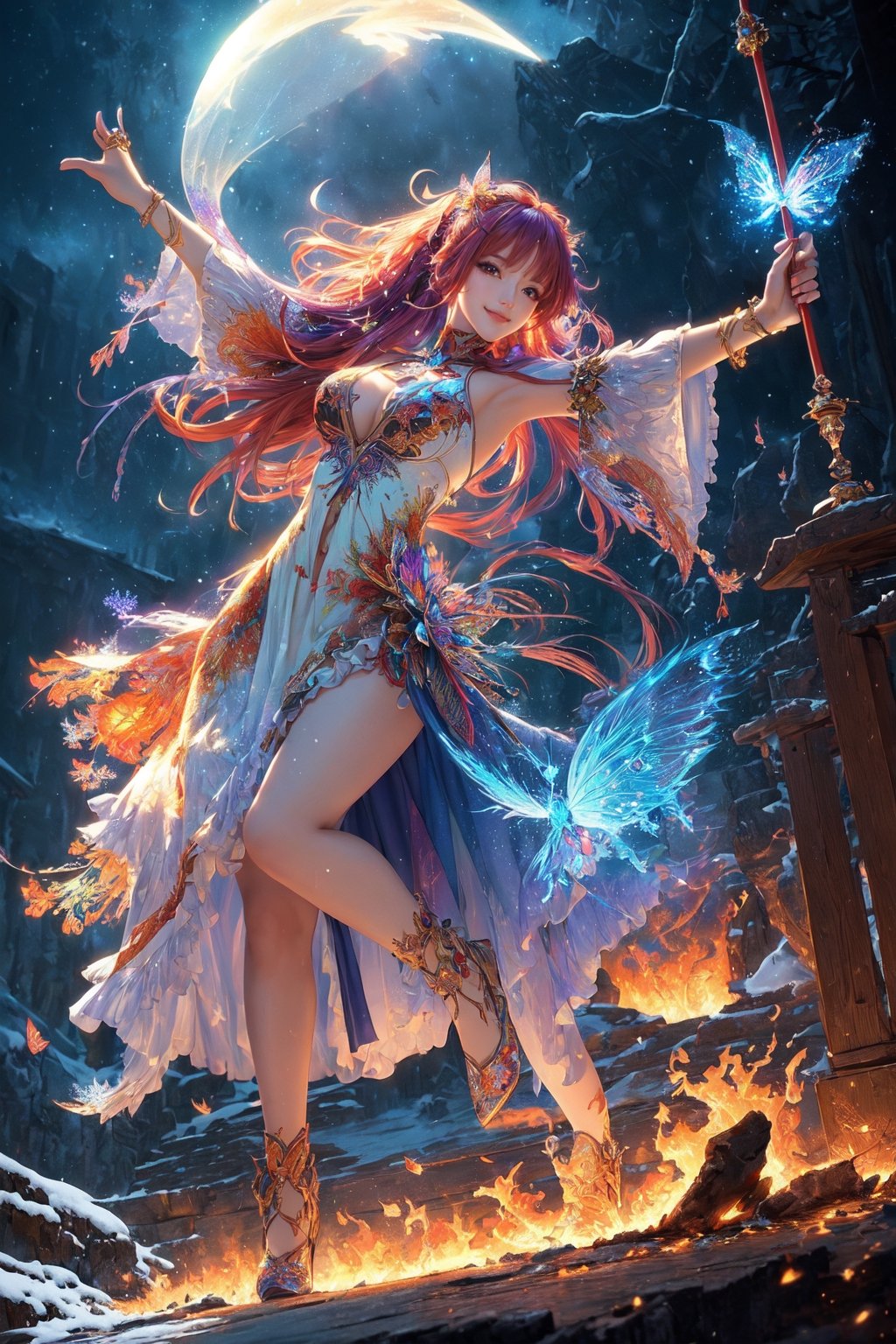 (masterpiece, top quality, best quality, official art, beautiful and aesthetic:1.2), (1girl), extreme detailed,(abstract, fractal art:1.3),colorful hair,highest detailed, detailed_eyes, fire, water, ice, lightning, light_particles, ghost, flaming butterfly, splashing, Ice and snow, Thunder and lightning,((full body)), from below, Sexy poses, dancing poses, sword swinging poses, Smile, under the moonlight,1 girl