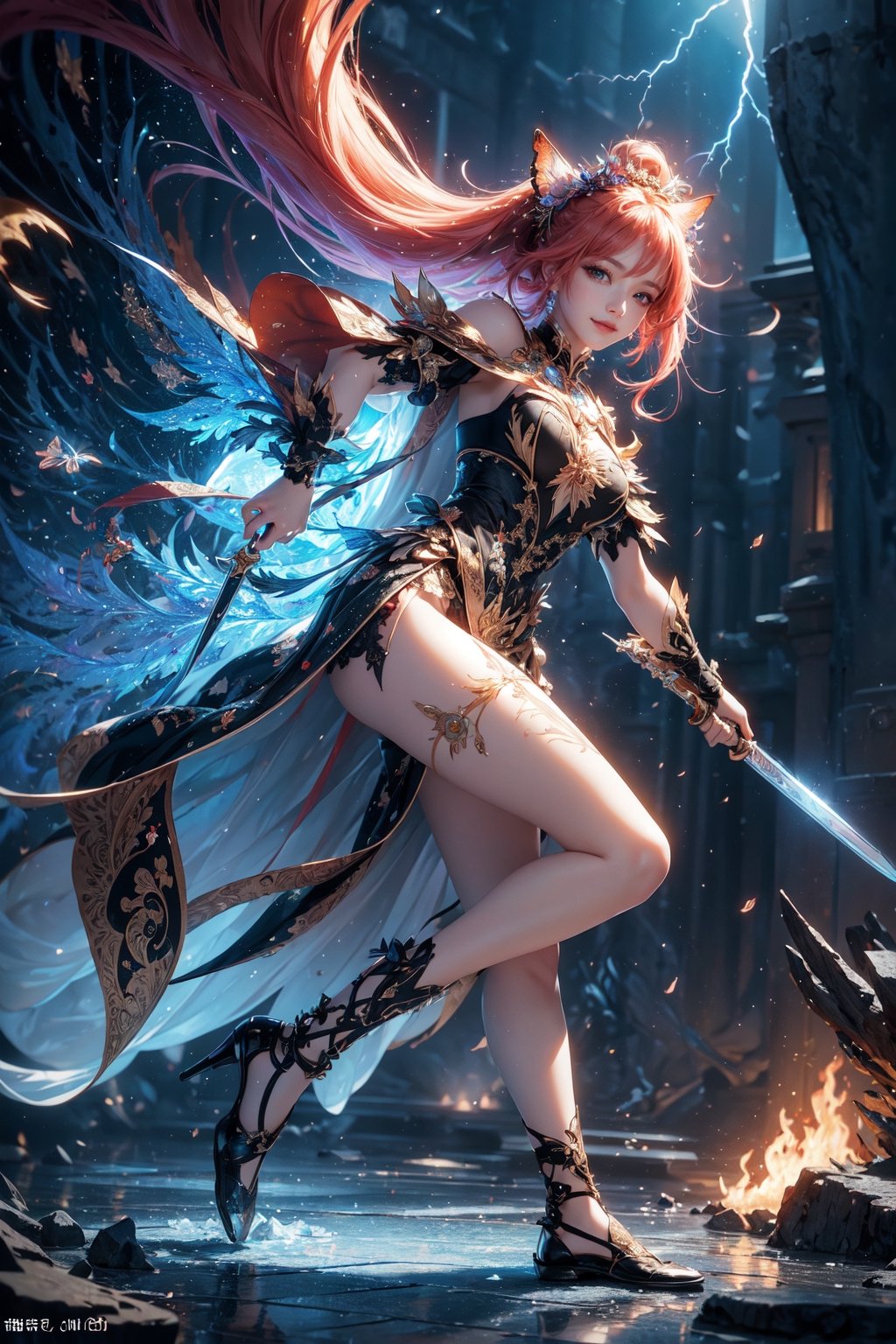 (masterpiece, top quality, best quality, official art, beautiful and aesthetic:1.2), (1girl), extreme detailed,(abstract, fractal art:1.3),colorful hair,highest detailed, detailed_eyes, fire, water, ice, lightning, light_particles, ghost, flaming butterfly, splashing, Ice and snow, Thunder and lightning,((full body)), from below, Sexy poses, dancing poses, sword swinging poses, Smile, under the moonlight,1 girl