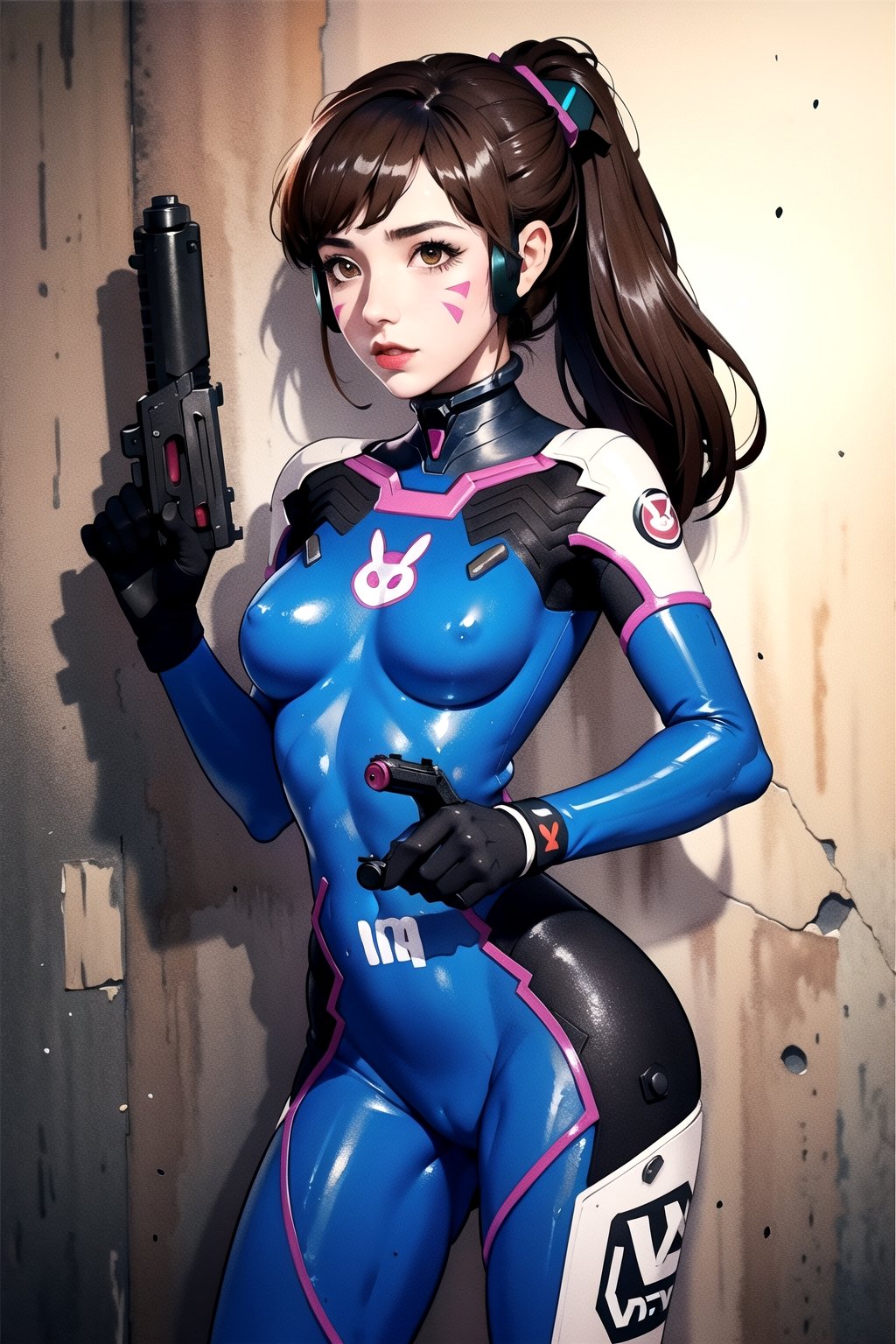 D.Va pilot, sunny day song,brown hair, ponytail, whisker markings, bodypainting,((Holding a gun)),standing solo.,bodypaint
