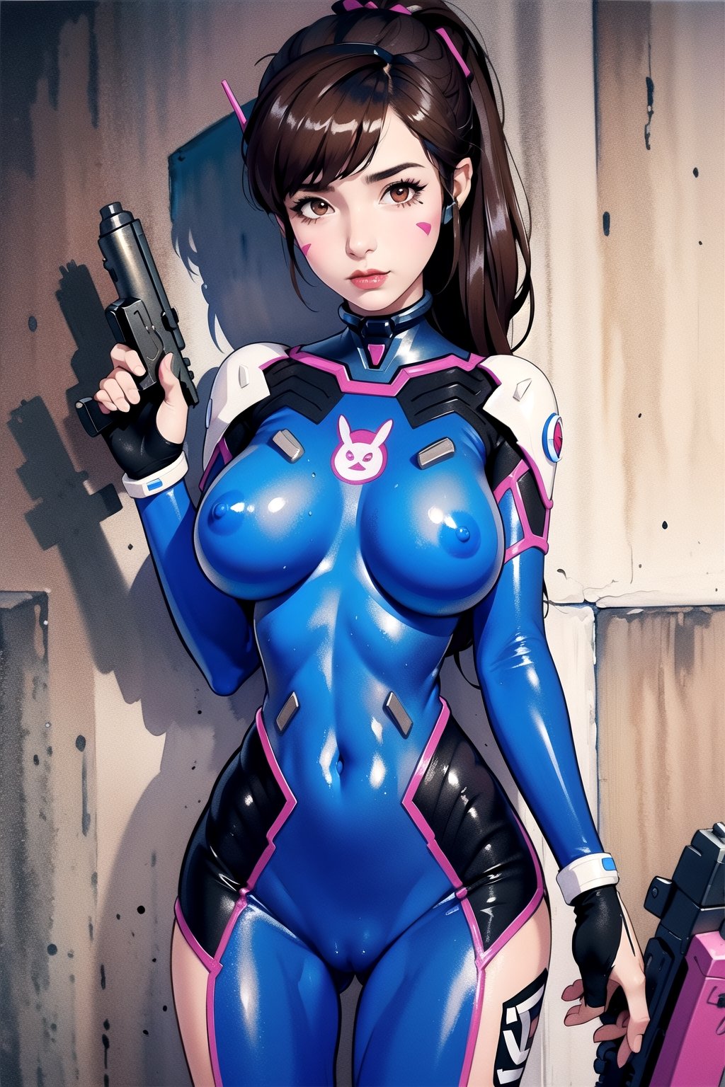 D.Va pilot, brown hair, ponytail, whisker marking,((Holding a gun)), big breasts, wide hip,standing solo, bodypaint, seen through painting, bodypainted suit, unpainted nipples, nipple, shaved pussy