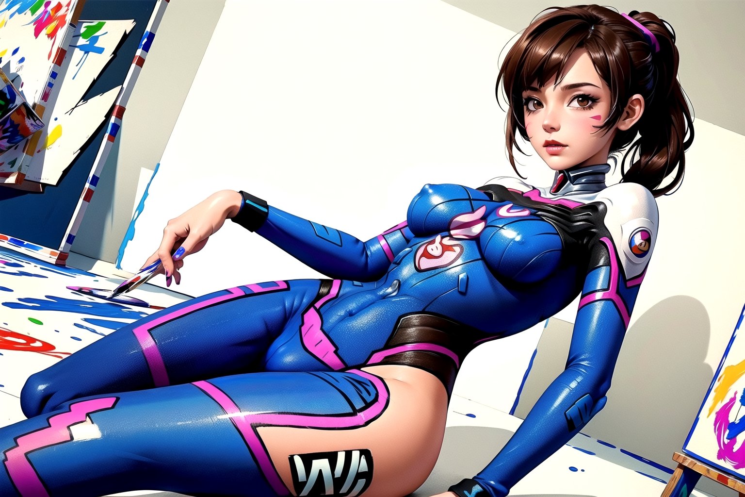 D.Va pilot, brown hair, ponytail, whisker marking, contrapposto, wide hip, bodypaint, body painting suit, ((thin painting)),,(thin on breast and crotch), ((partially erased painting)), shaved pussy, nipple, AG, uniformsbodypaint,AG
