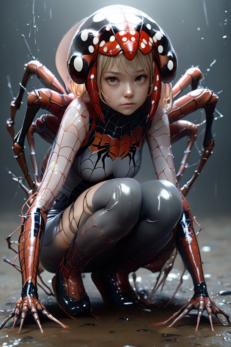 Super high resolution, super real, 8K, photo movie style, caption, super high resolution, masterpiece, (realistic stick: 1.2), sole_female, wearing the spider combined with a skull helmet, spider wet patten, 6 spider arms, 6cinematic, ethereal, magical, cosmic, full body, high resolution, ,kwon-nara,biopunk style