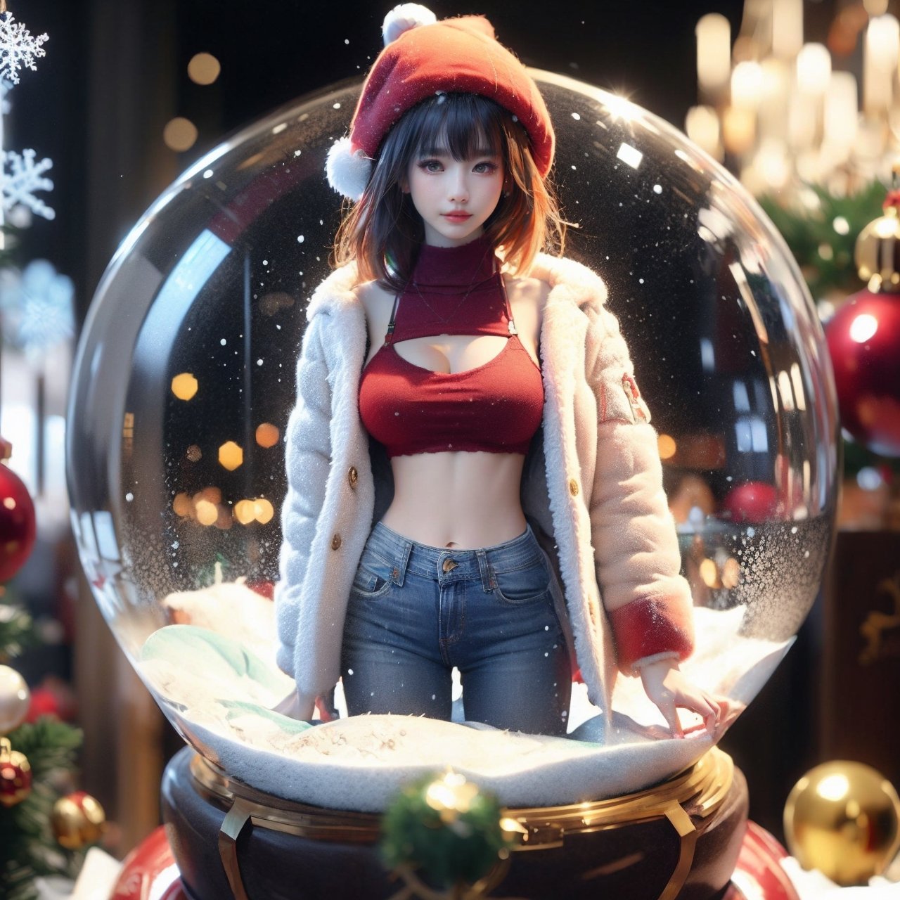  best quality, hight detailed, ultra realistic,  nature, Snow Globe, Christmas style, 1 girl standing, wearing the pink bra with fur coats, fur hat, slim_waist, blue jean, looking at viewer,明禎