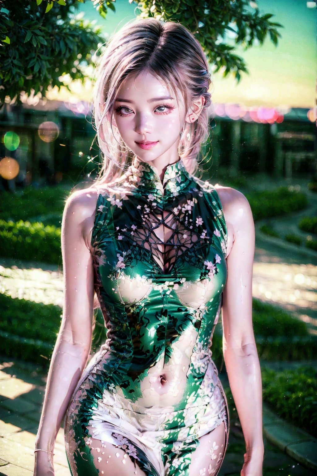 (Fujifilm), Real photo, a Japanese woman, 19 years old girl, Winter style, snow falling, plum flowers blooming, wearing a pink china cheongsam, smiling, the pink cherry blossom petals are flying all over the picture, clear and bright, super High quality, exquisite details, delicate and clear facial features, half body, clear waist,1 girl, Double exposure, Please give her some more background or context so we can add more details ,perfect split lighting,ZGirl,Nature, flowers blooming fantastic and dreamy light romantic lighting bokeh background,snow_scene_background,Hajime Sorayama,metallic effect,beautiful girls