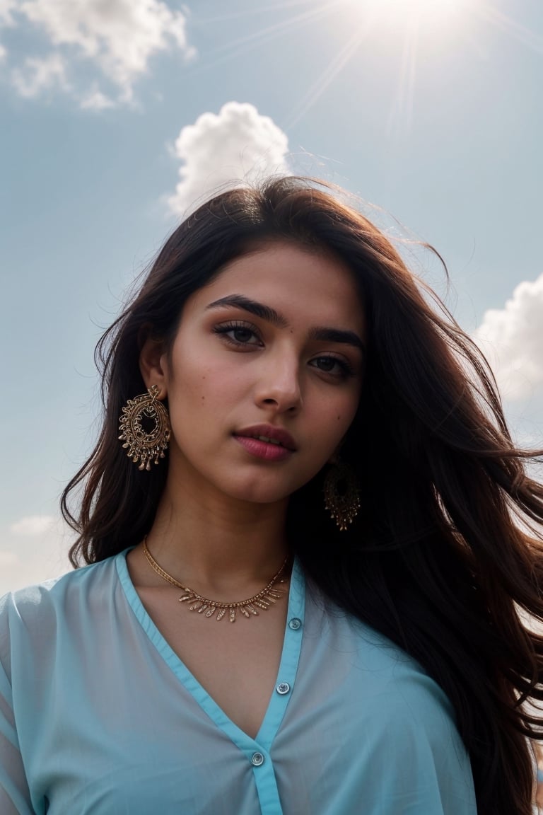 lovely cute young attractive indian girl, blue eyes, gorgeous actress, 21 years old, cute, an Instagram model, long hair, black hair, Indian, weaaring blouse, wearing bindi in forehead, ear rings,looking hot, under sunlight, looking on sky,