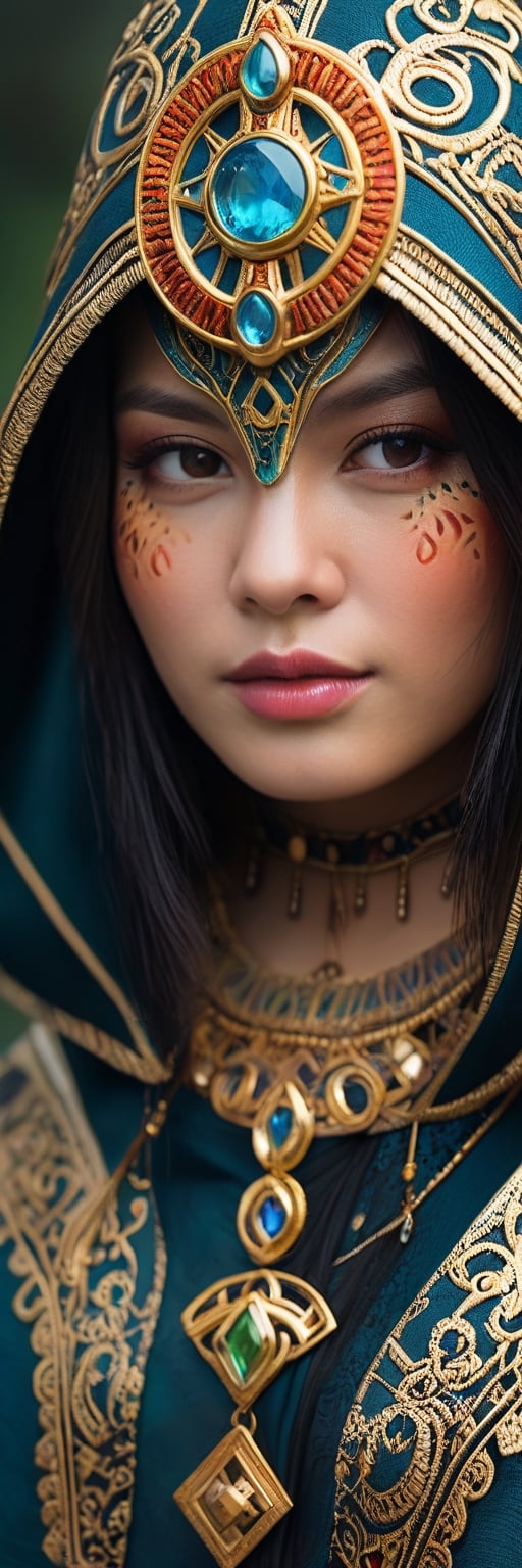 Full facial mask on a hooded female magician warrior adorned with asymmetric designs,closeup portrait, macro photo of miki asai, interwoven arcane and illuminati symbols including Eye of Horus, vibrant hues, hyperdetailed, elaborate craftsmanship, mysterious aura, digital painting, digital illustration, extreme detail, 4k, ultra HD.lace, see-through, (nsfw), ,Eimi,xxmixgirl