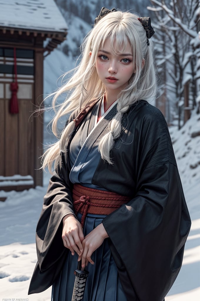 {{{masterpiece}}}, {{{best quality}}}, {{{ultra-detailed}}}, {cinematic lighting}, {illustration}, 1girl, samurai girl, white hair, long hair, hair over front, tight blue hakama, katana, unsheathing katana, snowy background, bloody snow, Samurai girl, guweiz style