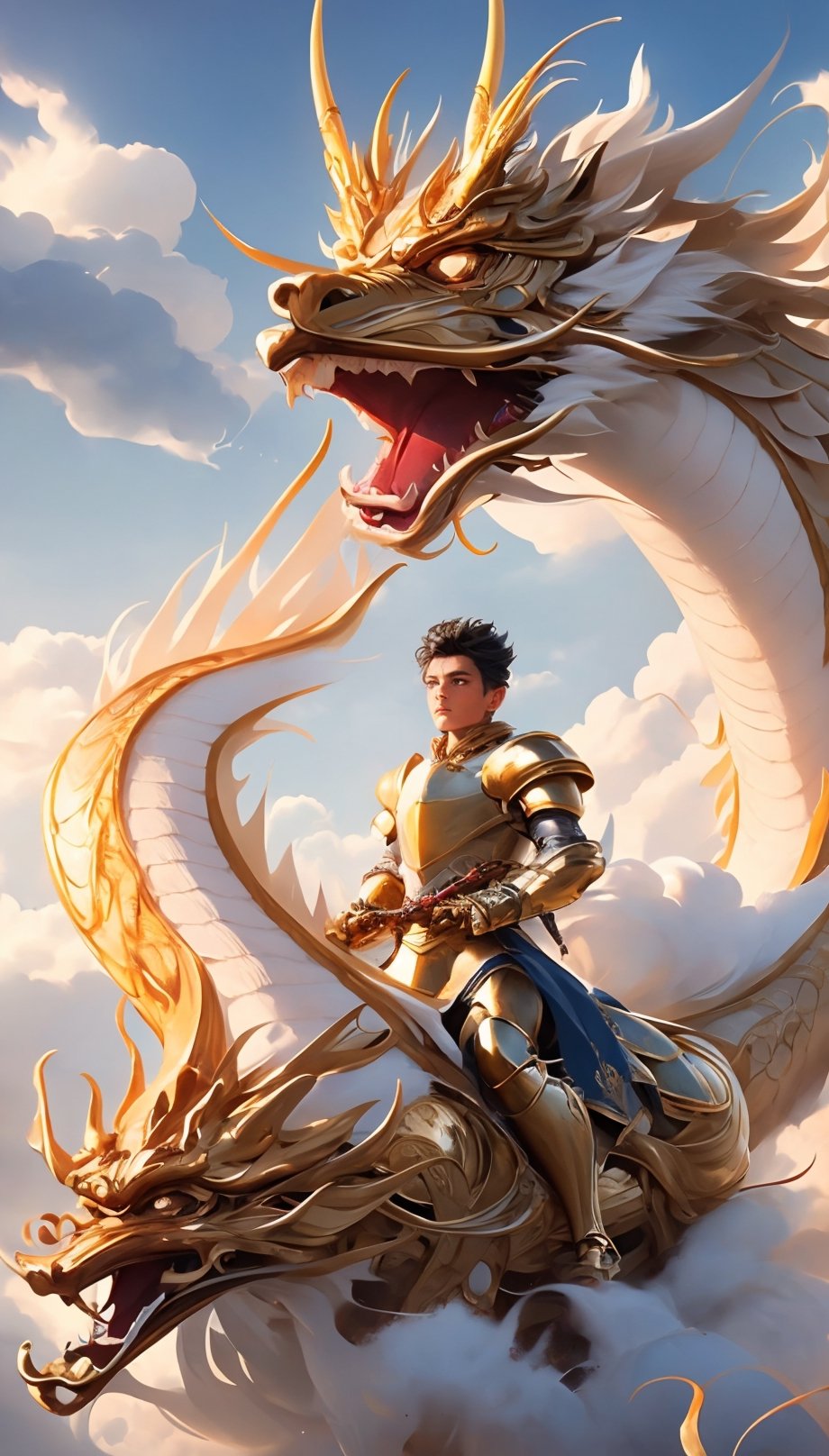short black hair, thick eyebrows, soft, a golden dragon, mythology, medieval, fantasy, young, Asian men, masculine, manly, dark fantasy, high fantasy, gold armor, defined jawline, red eyes, handsome male, facing in front, photorealistic, 8k, cinematic lighting, very dramatic, soft aesthetic, innocent, ((A man wearing golden metal plate armor walks on a golden dragon against a background surrounded by clouds)), (Lightning twines around),
