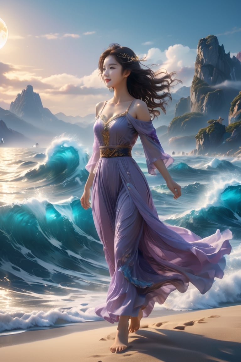 Best Quality, 8k, 32k, Masterpiece, UHD, background is a bright moon, wind, Beautiful, high qulity, cinematic colorgrade, Traditional Chinese elements, Blue sea, mountains, spindrift, Ripples spread out, High Renaissance, a girl, delicate face , off the shoulders, cleavage, smile looking viewer, (full body, soar into the air, riding the wind and waves), wearing light purple clothing,