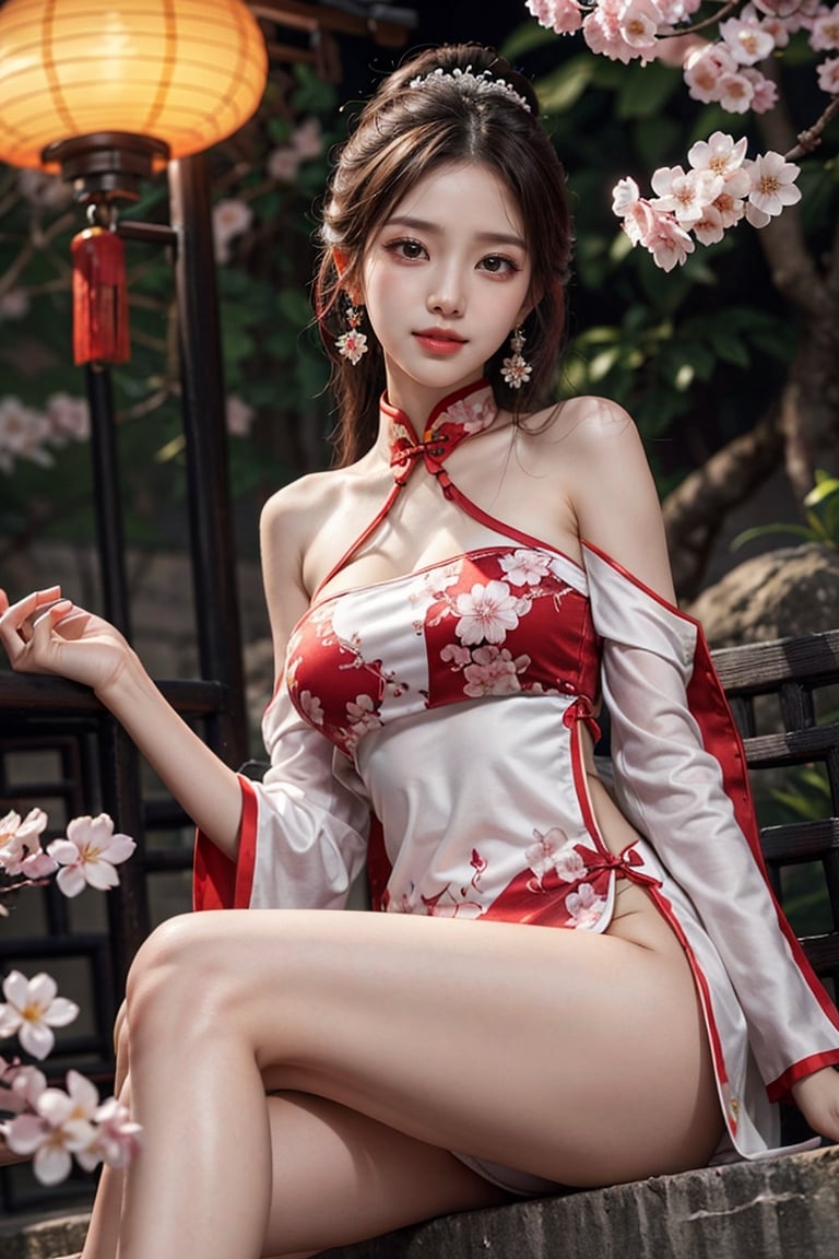 2girls, kpop idol, yae miko, bare shoulders, long hair, Chinese bikini qipao , best quality, (hair ornament:1.35), jewelry, earrings, cherry blossoms, lantern light, depth of field, detailed face, face focus, ribbon_trim, (looking at viewer:1.25), nontraditional miko, shiny skin, long sleeves, big smile , thick lips, game cg, hands on lips, (blurry background:1.2), sitting, from below, Chinese style,perfect
