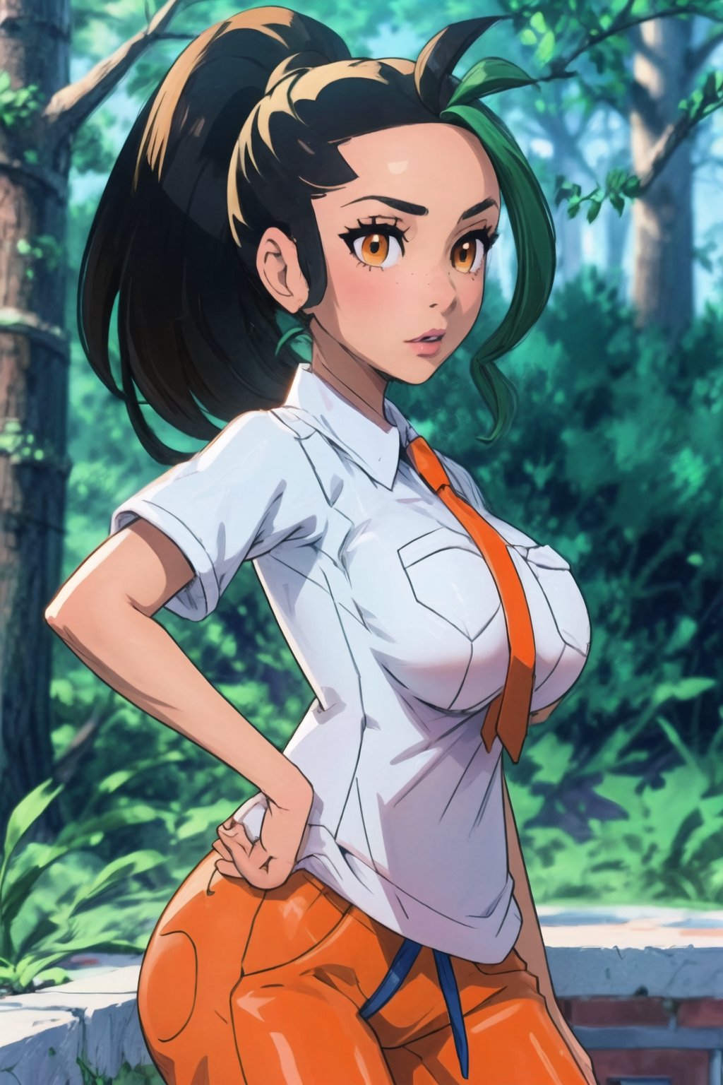 Best quality, Masterpiece, detailed background, Nemona, 1girl, solo, pony_tail, white shirt, orange tie, cowboy_shot, sexy pose, forest, huge breasts