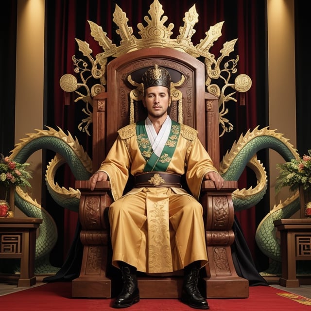 solo, brown hair, long sleeves, 1boy, sitting, full body, closed eyes, male focus, boots, wide sleeves, facial hair, crown, beard, robe, mustache, old, old man, throne. A chinese emperor of the Hans. Dragon motif.